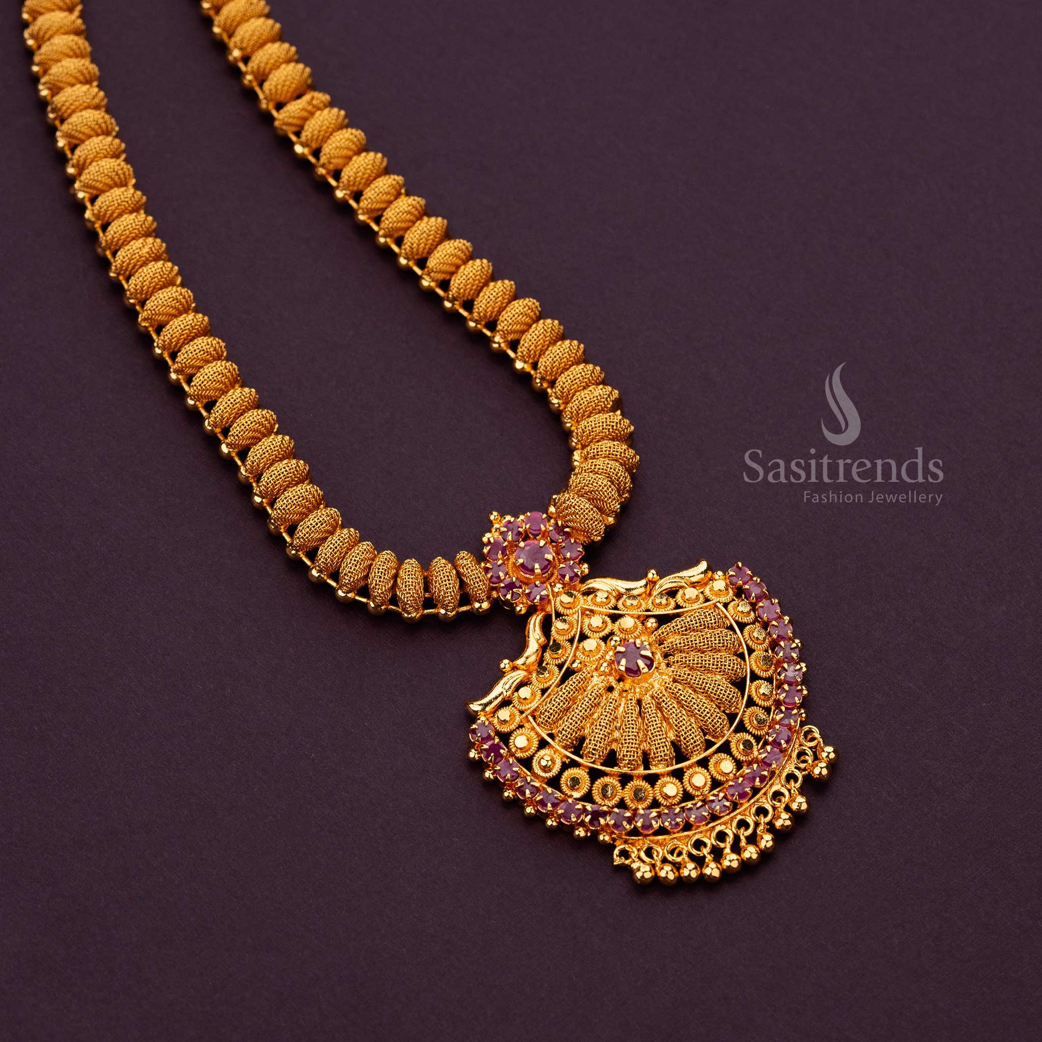 Traditional Micro Gold Plated Long Haram Necklace with Majestic Fan Pendant AD Stones - Sasitrends - Image 6
