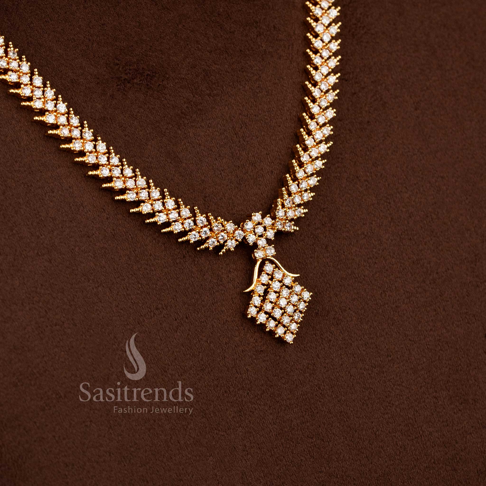 24K Micro Gold Plated American Diamond Short & Long Necklace Jewellery Set with Geometric Link Chain Design - Image 8
