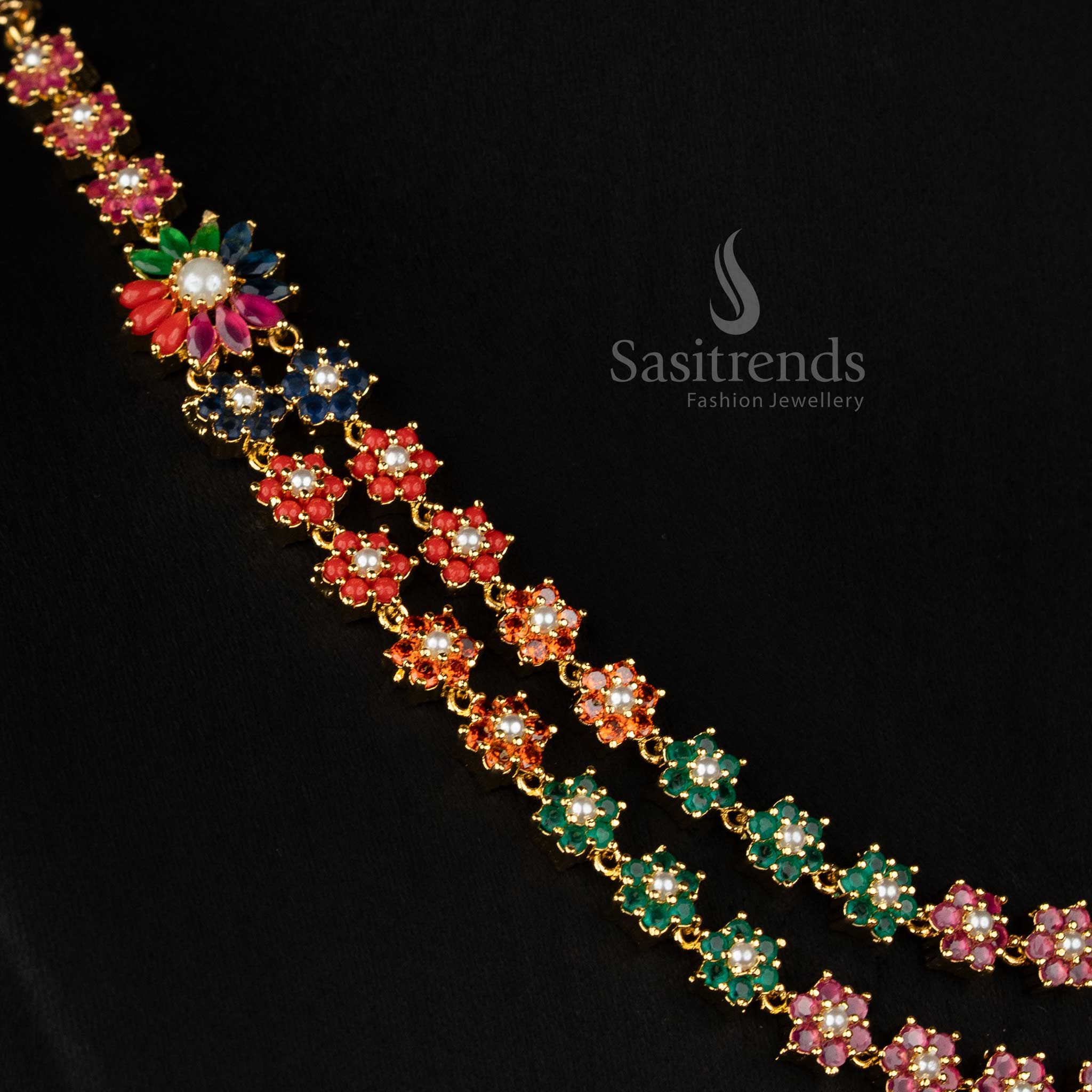 Prettiest 24K Micro Gold Plated American Diamond and Pearl Double Layer Floral Link Necklace Jewellery Set | Reception wear - Image 4