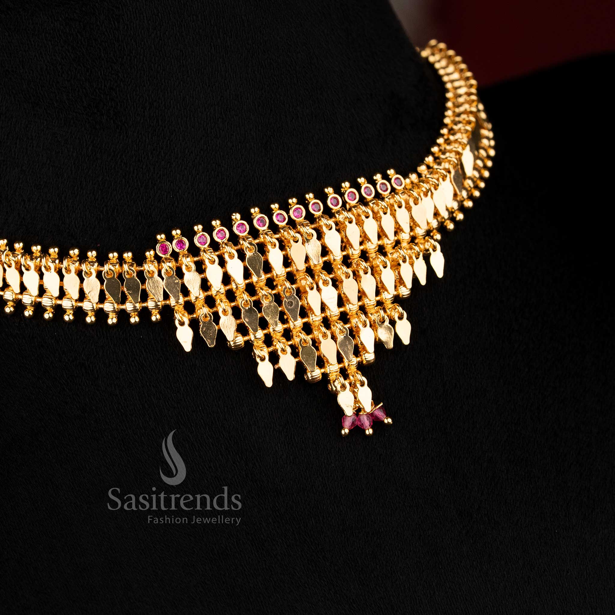 24K Micro Gold Plated Kerala Traditional Elakka Design Necklace Set with Layered Cardamom Motif Links and Cascading Drop Structure | 1 Gram Real Gold Look Jewellery - Image 2
