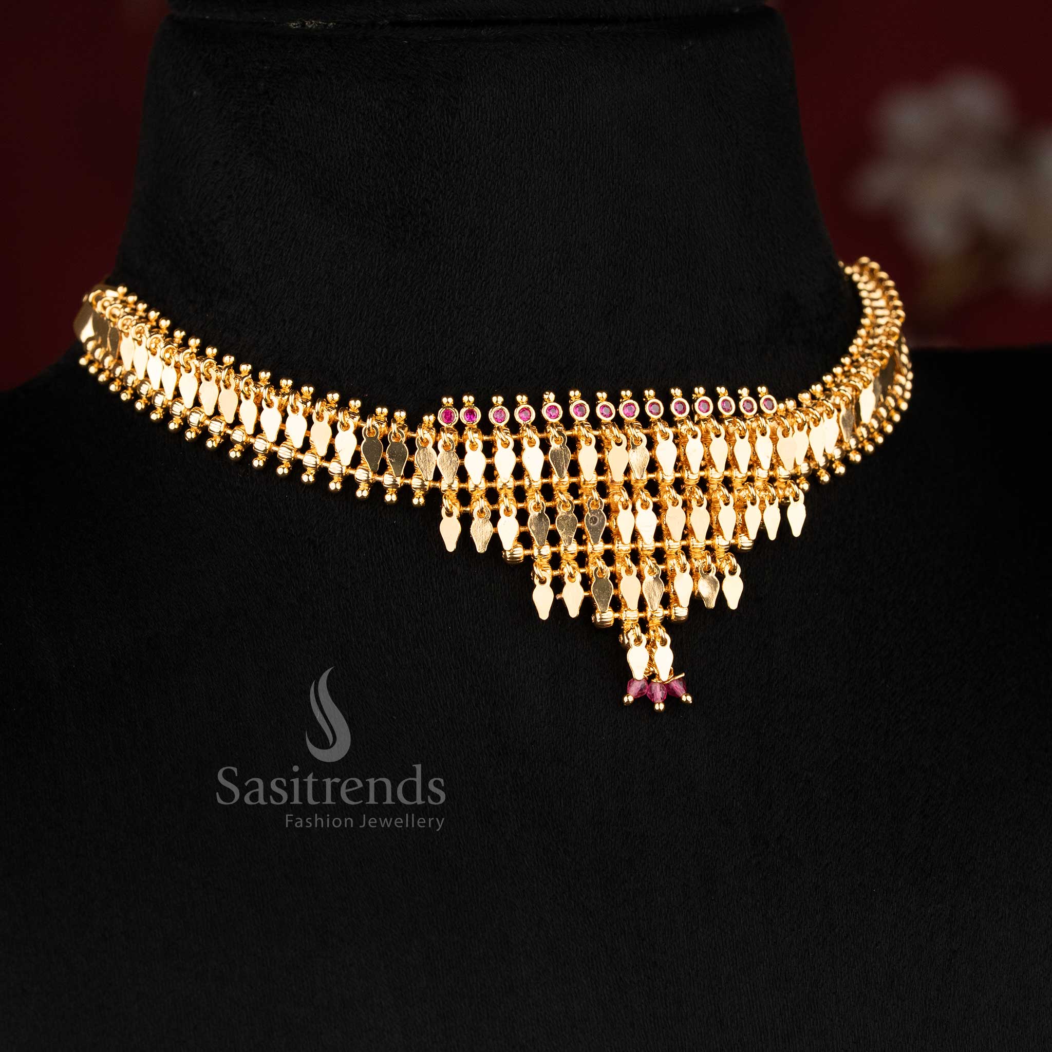 24K Micro Gold Plated Kerala Traditional Elakka Design Necklace Set with Layered Cardamom Motif Links and Cascading Drop Structure | 1 Gram Real Gold Look Jewellery - Image 3