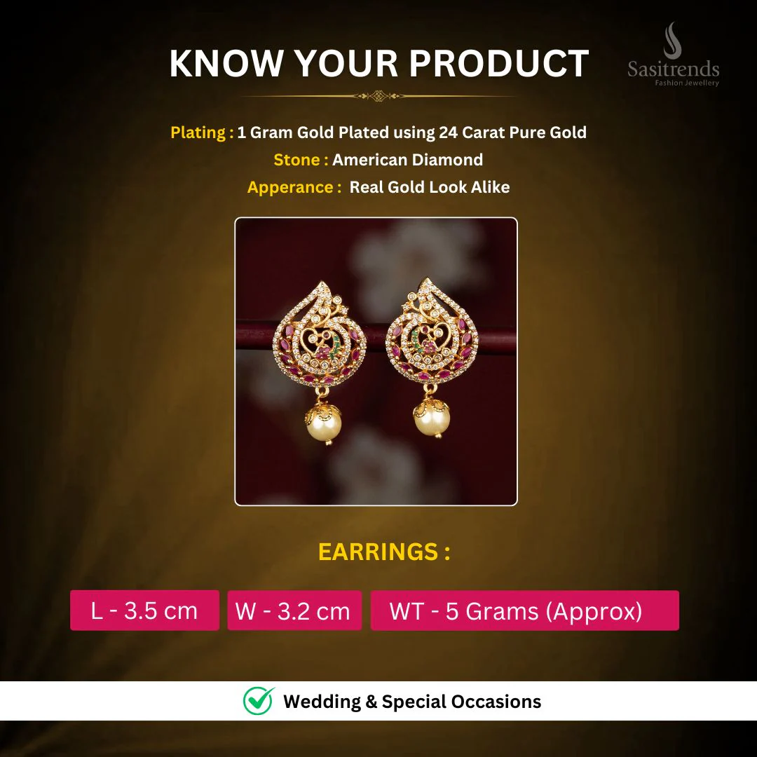 One Gram Micro Gold Plated American Diamond Peacock Design Circular Teardrop Earrings with Stone Detailing & Pearl Drop - Image 3