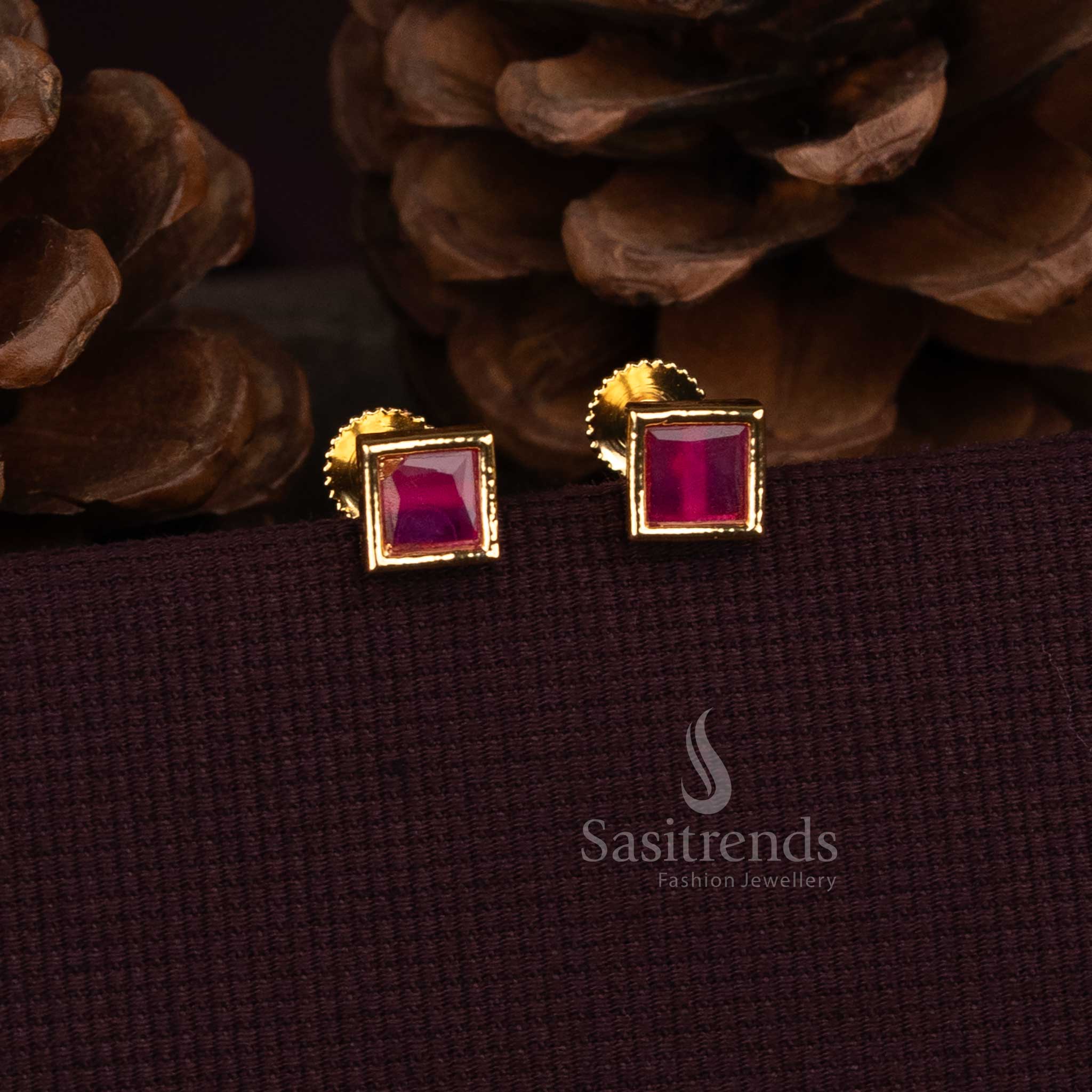 Elegant Guaranteed One Gram Micro Gold Plated Square Stone Stud Earrings | Minimal Casual Wear - Sasitrends - Image 3