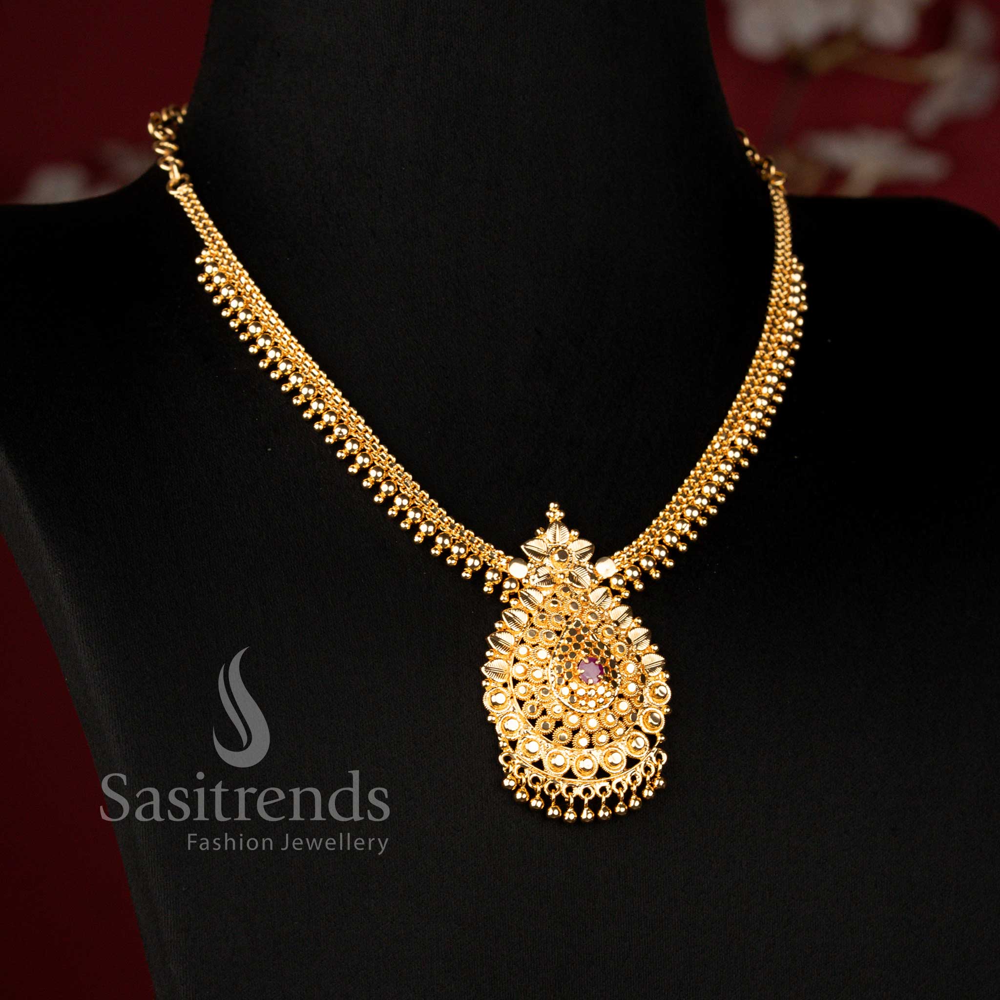 Traditional One Gram Micro Gold Plated Traditional Floral Filigree Medallion Necklace - Sasitrends