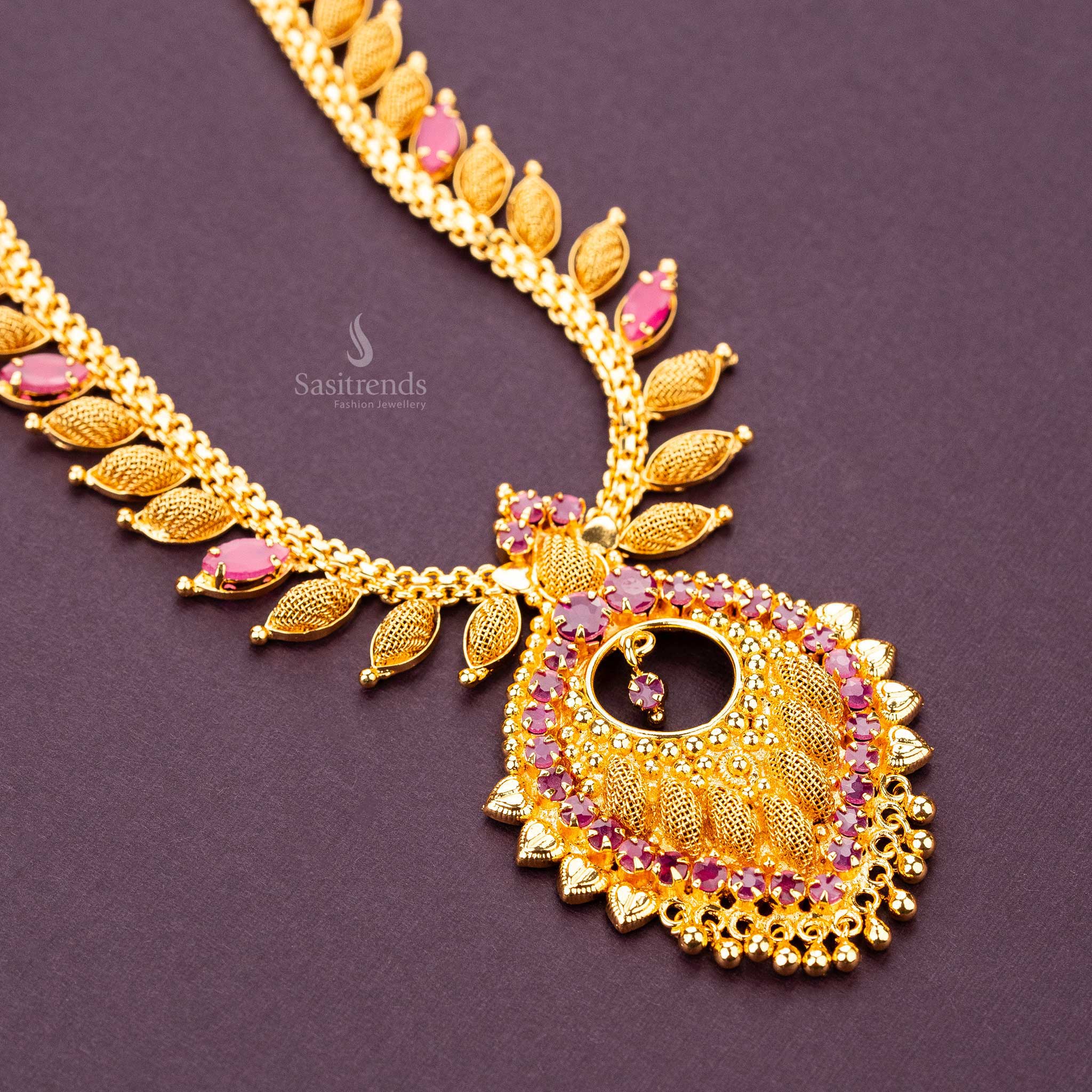 Regal Ruby Leaf Stone Micro Gold Plated Necklace with Intricate Gold Detailing - Sasitrends - Image 2