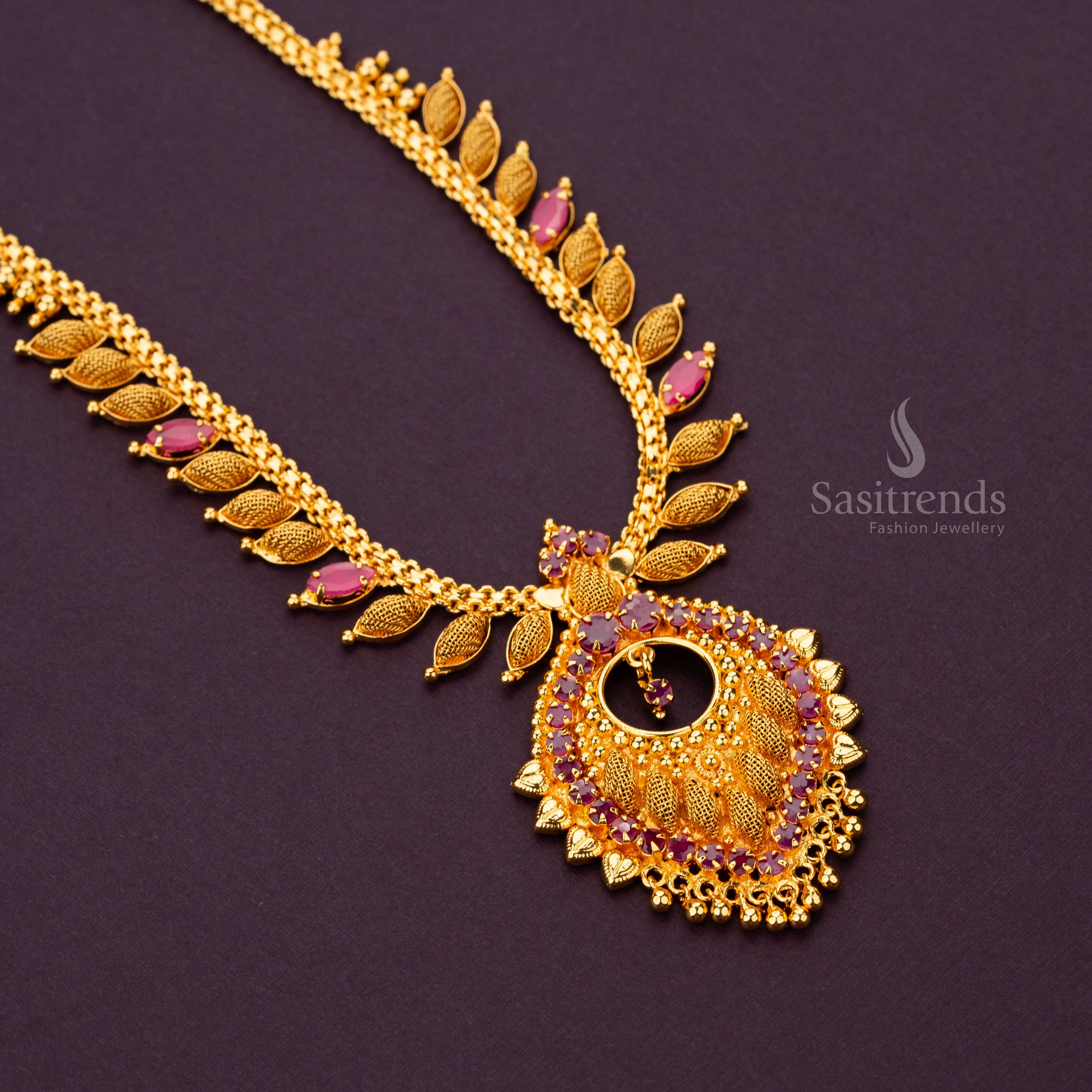 Regal Ruby Leaf Stone Micro Gold Plated Necklace with Intricate Gold Detailing - Sasitrends - Image 3