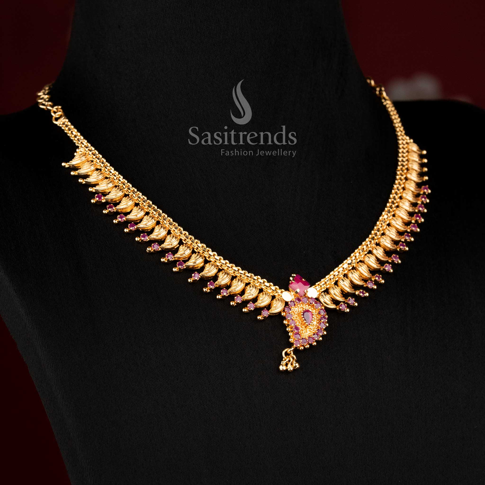 Guaranteed One Gram Micro Gold Plated Leaf Fringe Necklace with AD Stone Studded and Hanging Drop | Traditional Festive Jewellery