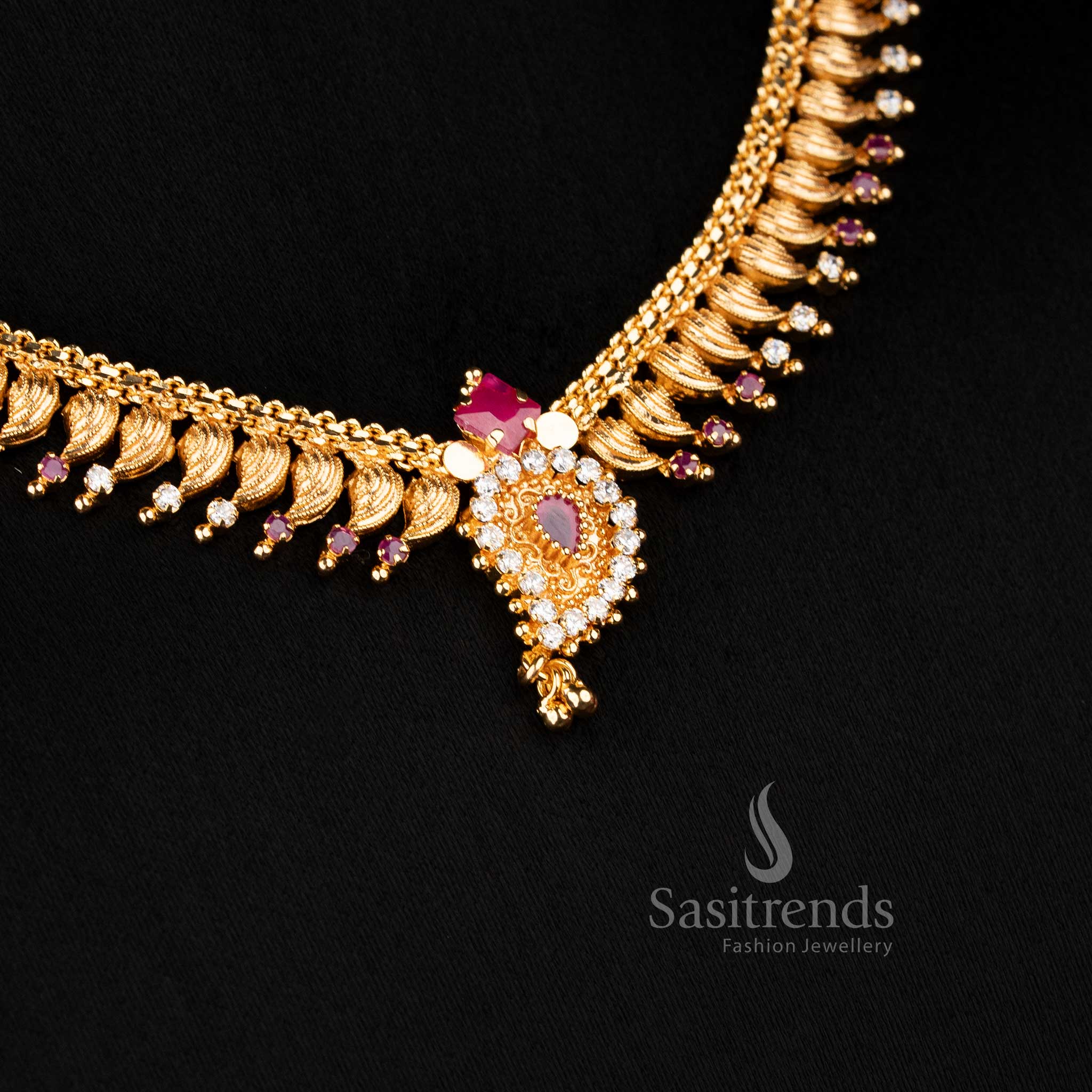 Guaranteed One Gram Micro Gold Plated Leaf Fringe Necklace with AD Stone Studded and Hanging Drop | Traditional Festive Jewellery - Image 10