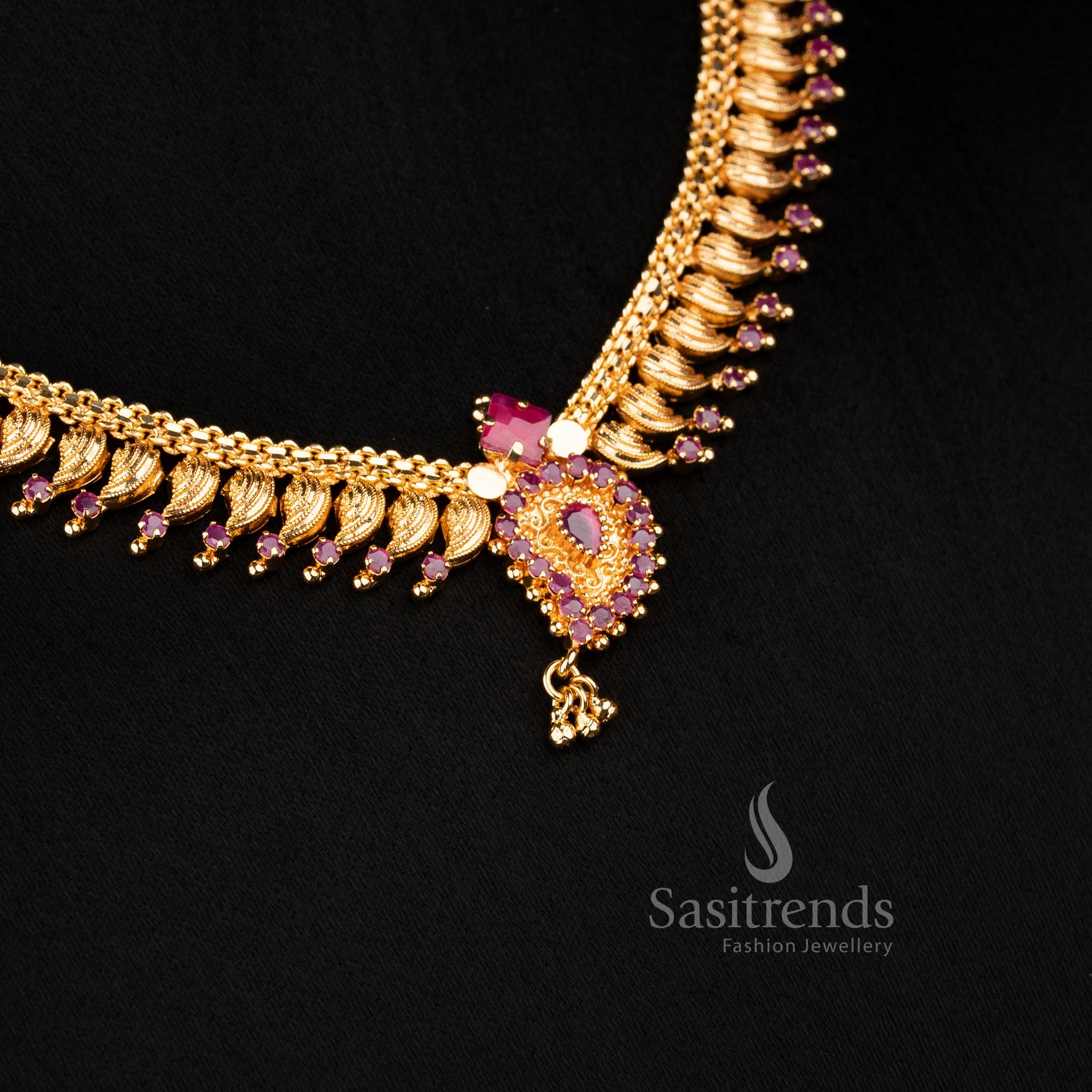 Guaranteed One Gram Micro Gold Plated Leaf Fringe Necklace with AD Stone Studded and Hanging Drop | Traditional Festive Jewellery - Image 11