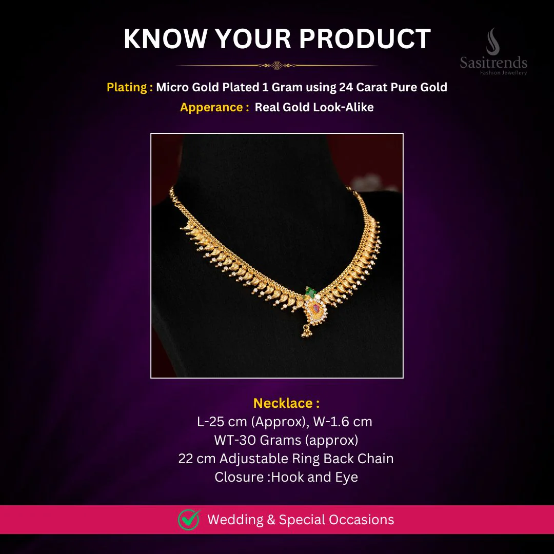 Guaranteed One Gram Micro Gold Plated Leaf Fringe Necklace with AD Stone Studded and Hanging Drop | Traditional Festive Jewellery - Image 2
