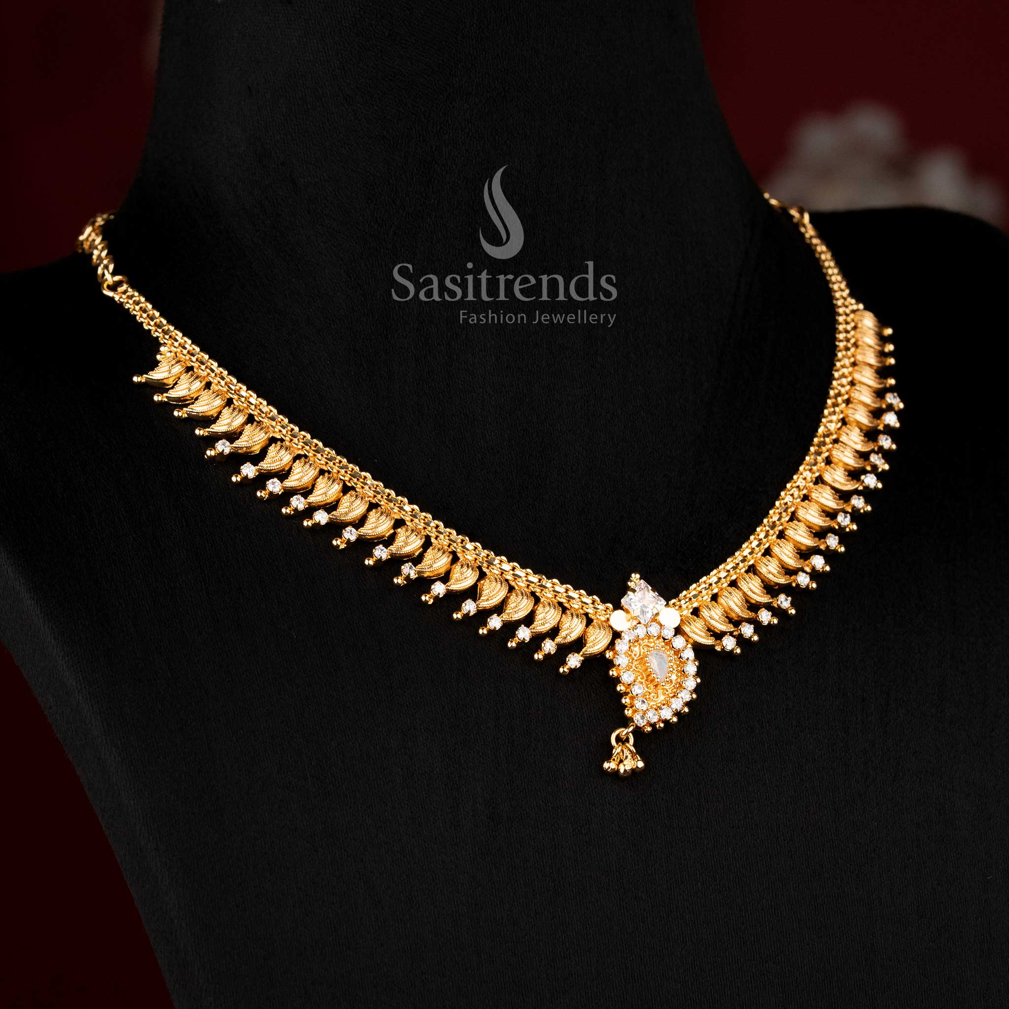 Guaranteed One Gram Micro Gold Plated Leaf Fringe Necklace with AD Stone Studded and Hanging Drop | Traditional Festive Jewellery - Image 3