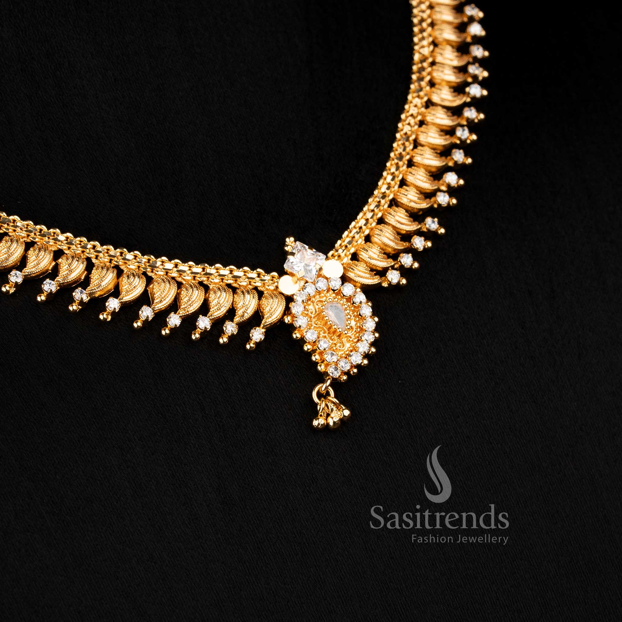 Guaranteed One Gram Micro Gold Plated Leaf Fringe Necklace with AD Stone Studded and Hanging Drop | Traditional Festive Jewellery - Image 4