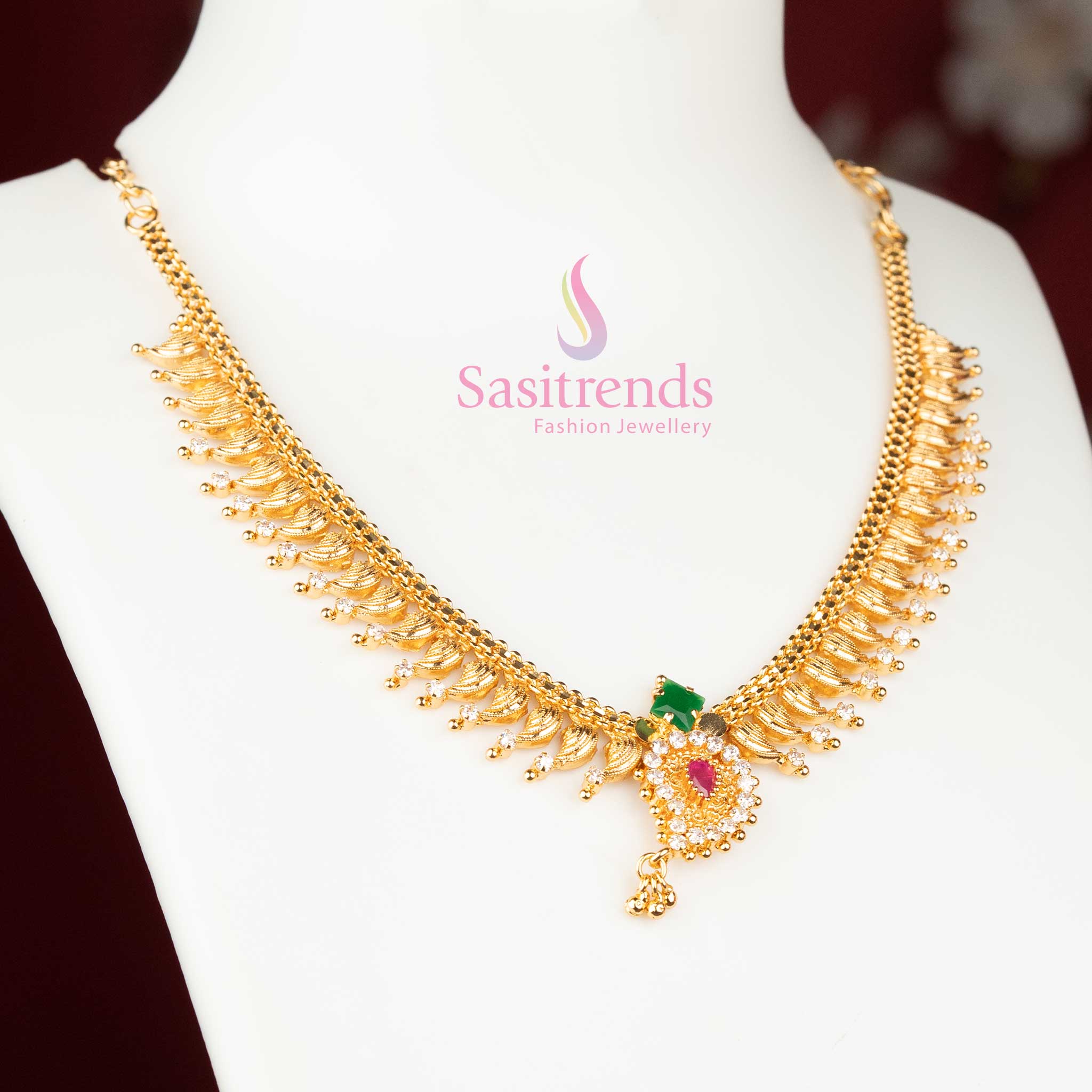 Guaranteed One Gram Micro Gold Plated Leaf Fringe Necklace with AD Stone Studded and Hanging Drop | Traditional Festive Jewellery - Image 5