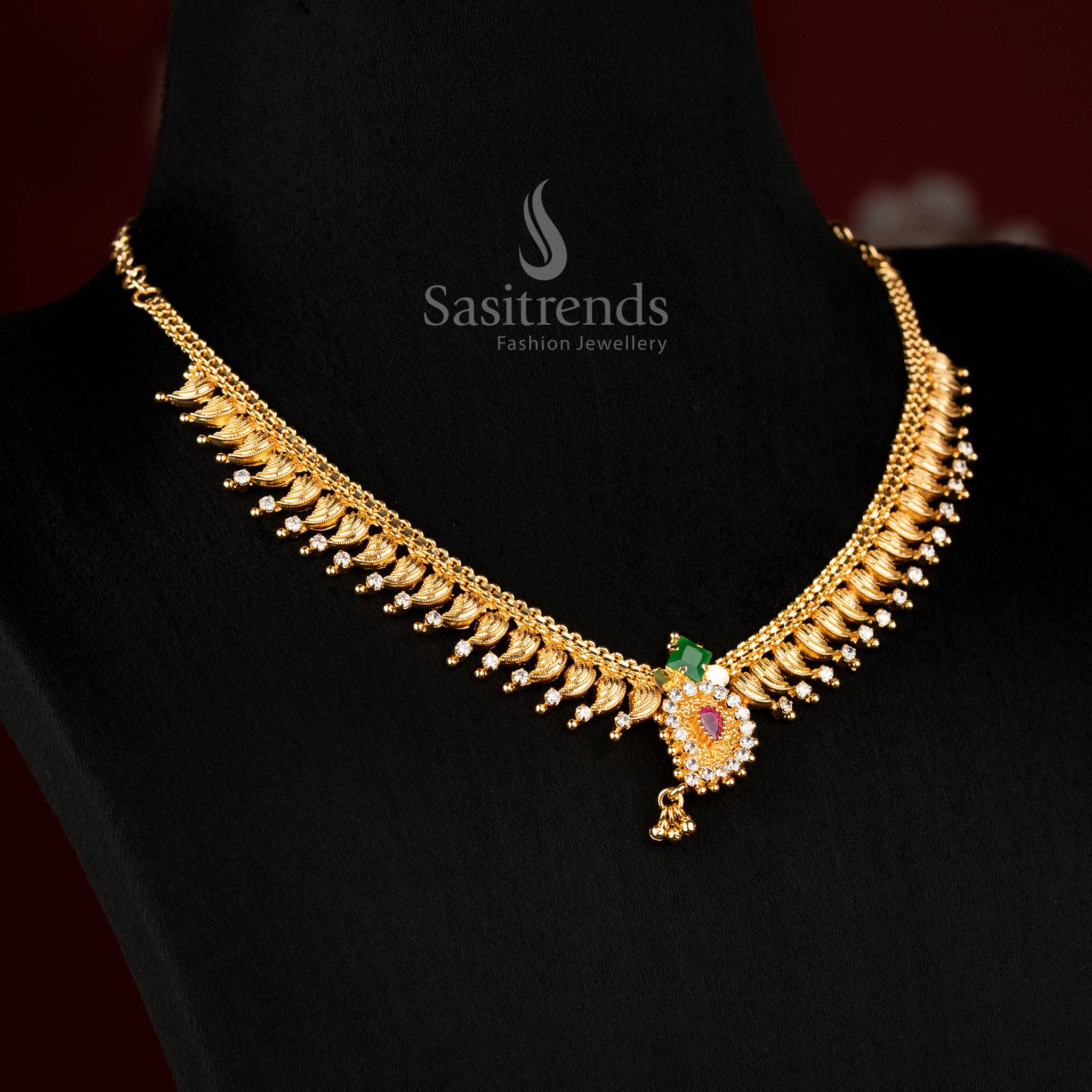 Guaranteed One Gram Micro Gold Plated Leaf Fringe Necklace with AD Stone Studded and Hanging Drop | Traditional Festive Jewellery - Image 6