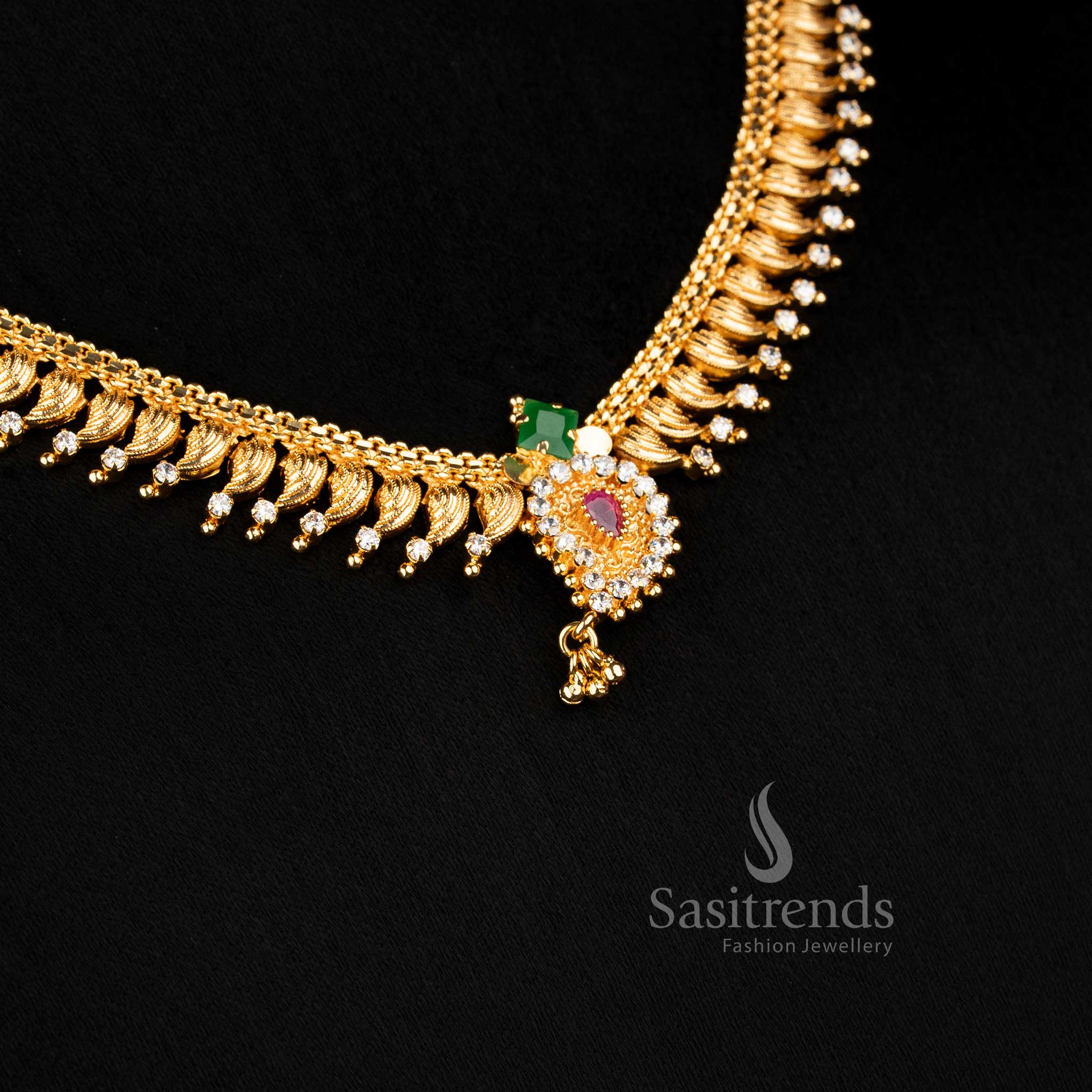 Guaranteed One Gram Micro Gold Plated Leaf Fringe Necklace with AD Stone Studded and Hanging Drop | Traditional Festive Jewellery - Image 7