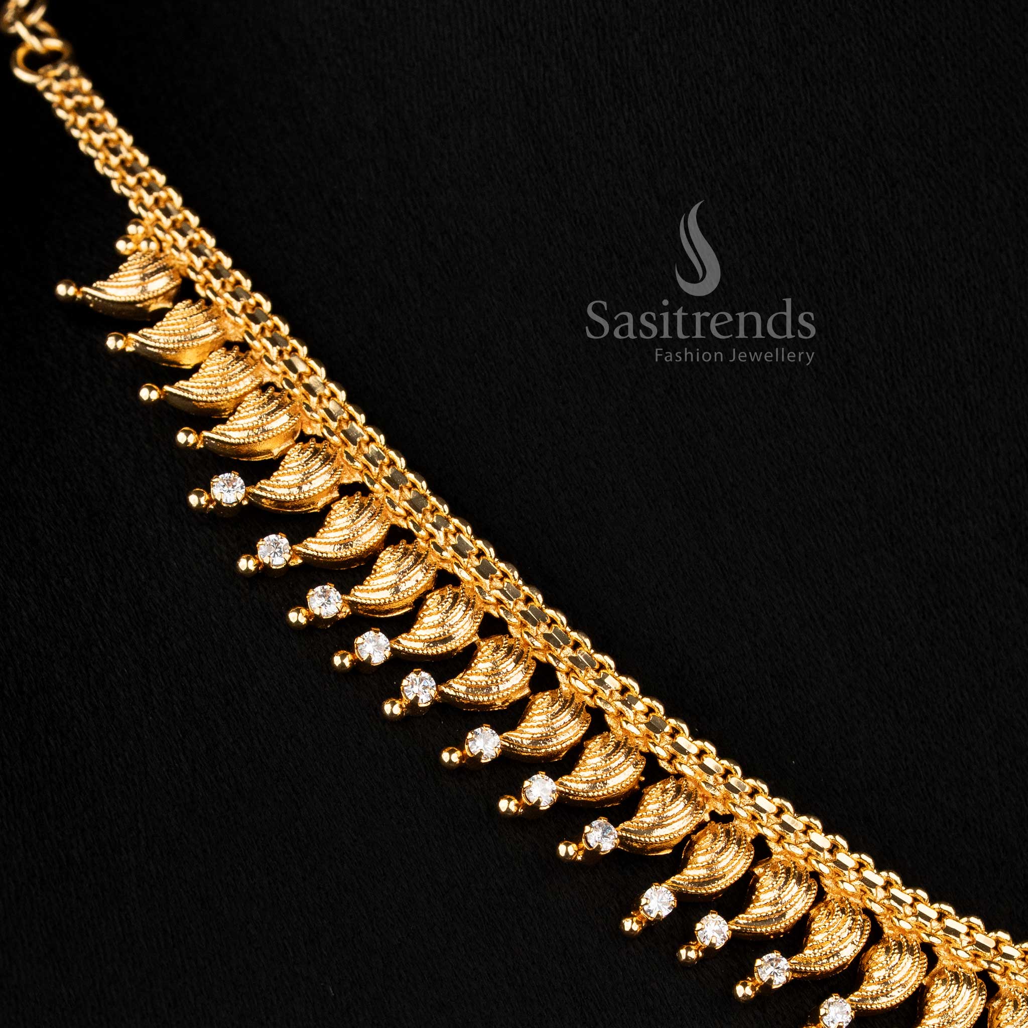 Guaranteed One Gram Micro Gold Plated Leaf Fringe Necklace with AD Stone Studded and Hanging Drop | Traditional Festive Jewellery - Image 8