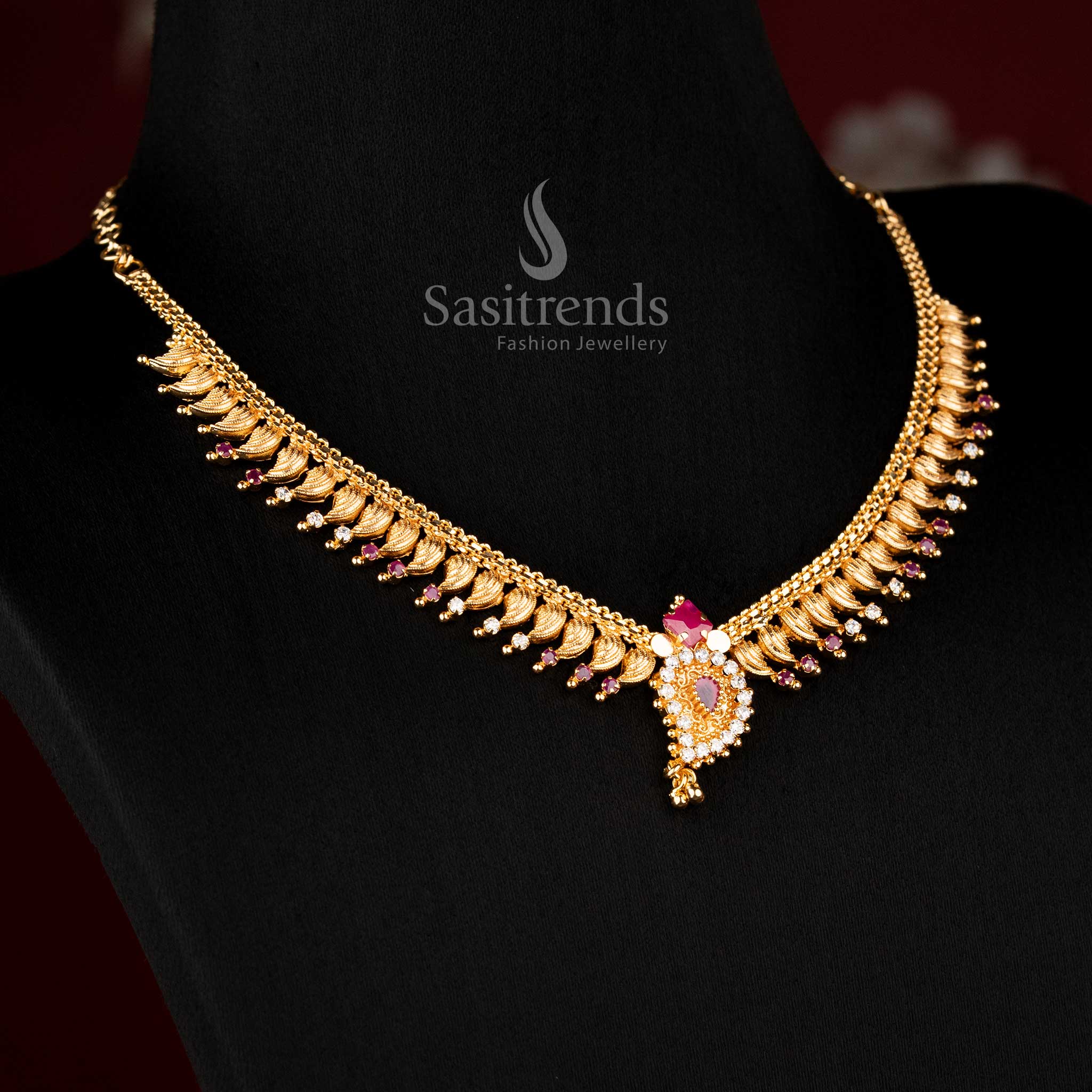 Guaranteed One Gram Micro Gold Plated Leaf Fringe Necklace with AD Stone Studded and Hanging Drop | Traditional Festive Jewellery - Image 9