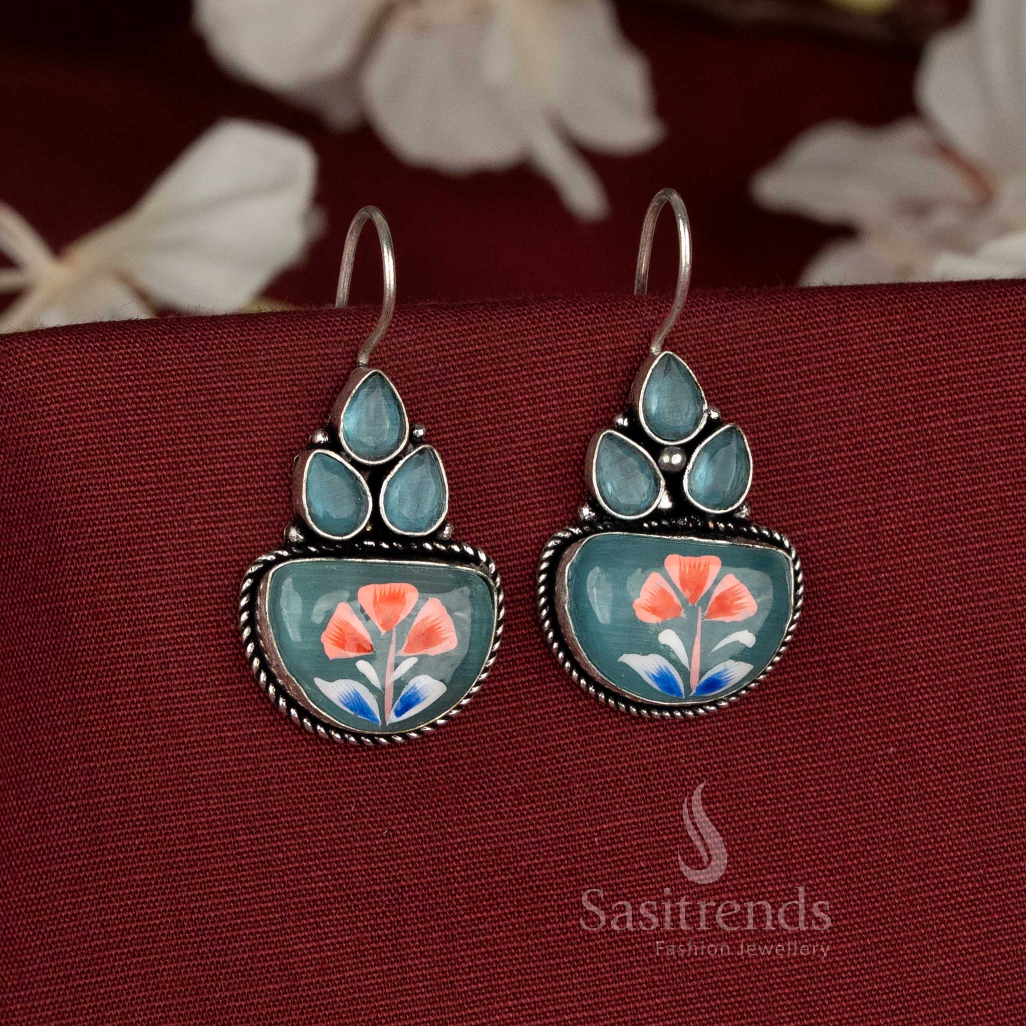 Beautiful Hand-Painted Monalisa Stone Oxidised Floral Cluster Fish Hook Earrings for Office Outfits - Image 11