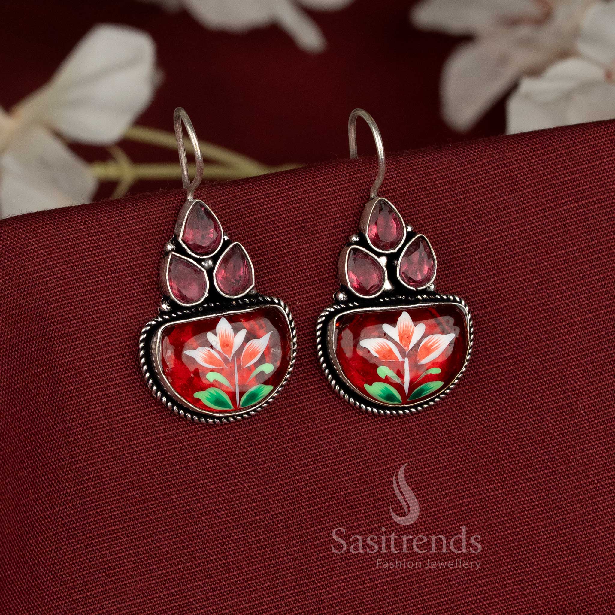 Beautiful Hand-Painted Monalisa Stone Oxidised Floral Cluster Fish Hook Earrings for Office Outfits - Image 3