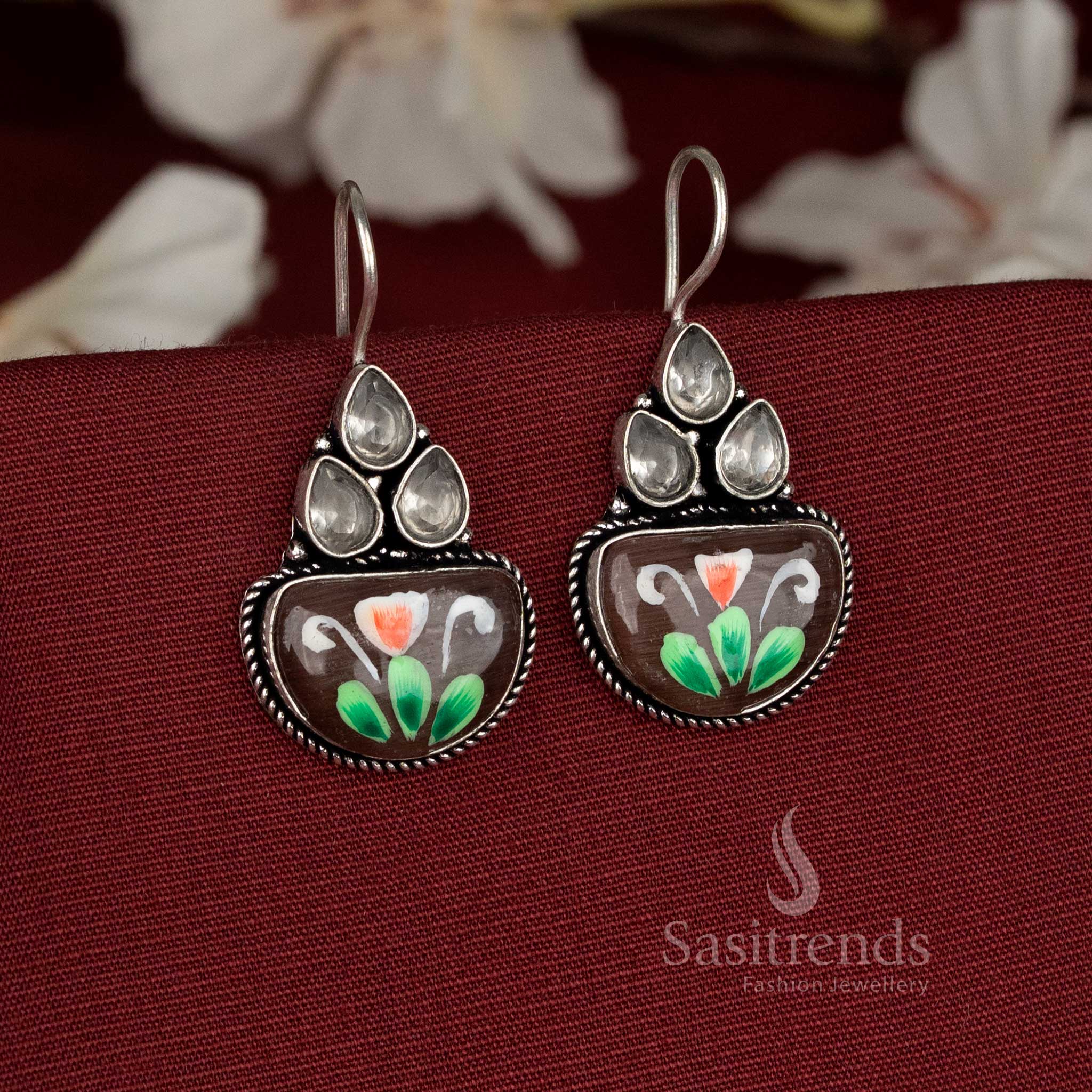 Beautiful Hand-Painted Monalisa Stone Oxidised Floral Cluster Fish Hook Earrings for Office Outfits - Image 5