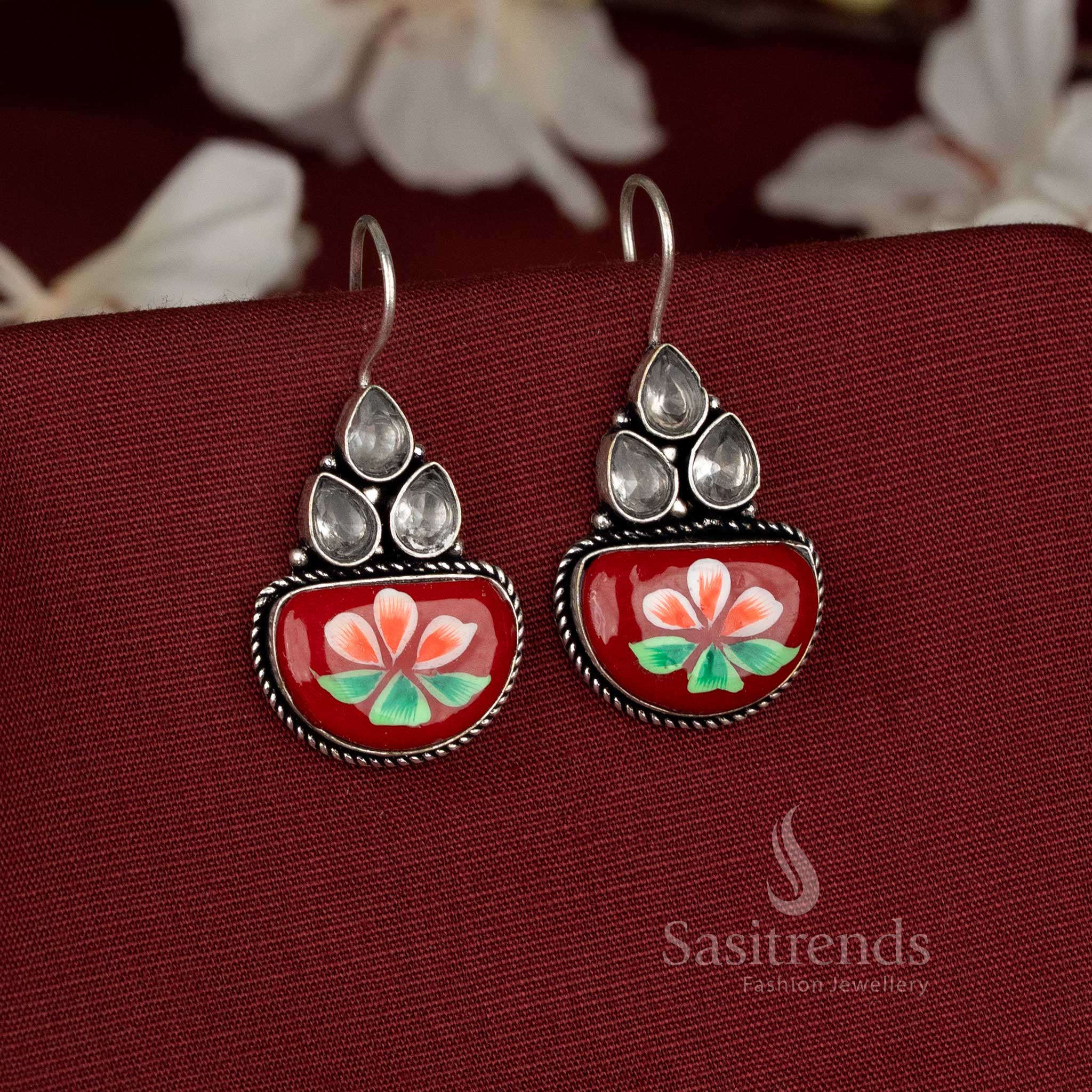 Beautiful Hand-Painted Monalisa Stone Oxidised Floral Cluster Fish Hook Earrings for Office Outfits - Image 8