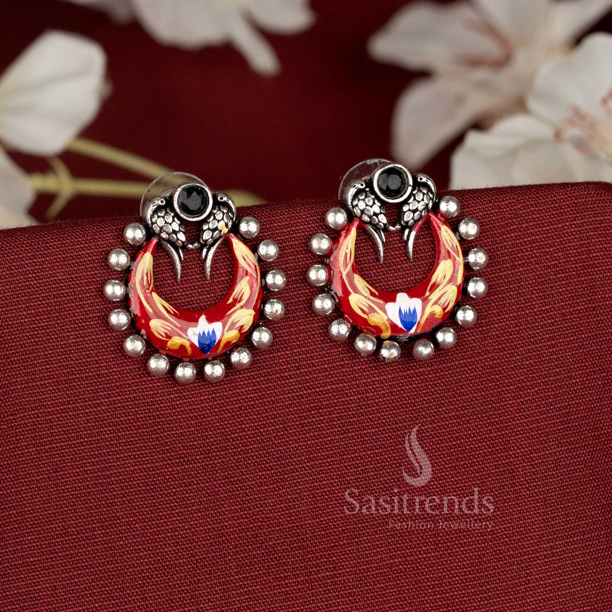 Hand-Painted Oxidised Floral Cluster Earrings – Multi-Colour Artistic Bloom Design - Image 8