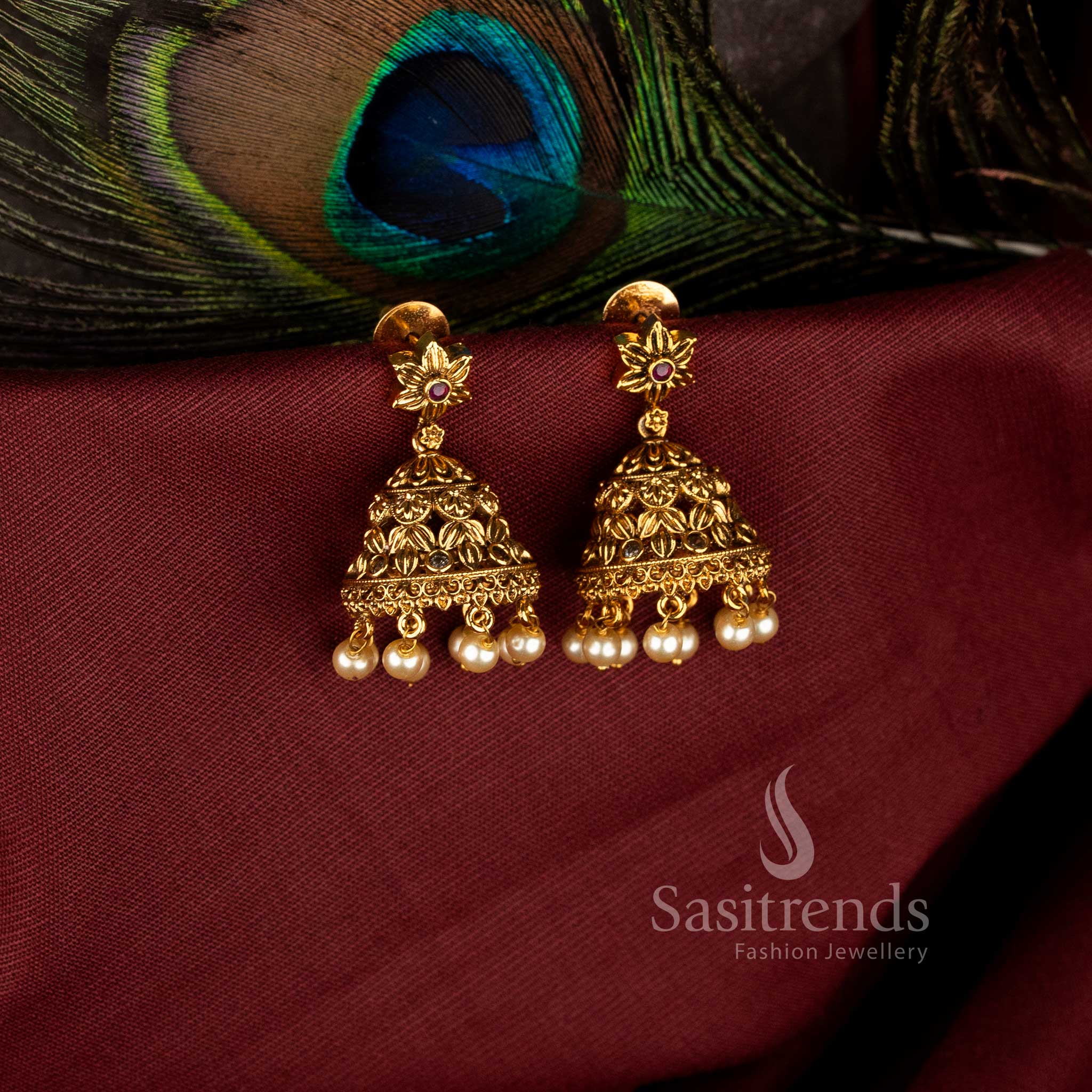 Heritage Star Motif Floral Matte Gold Plated Jhumka Earrings for Festive Wear - Sasitrends