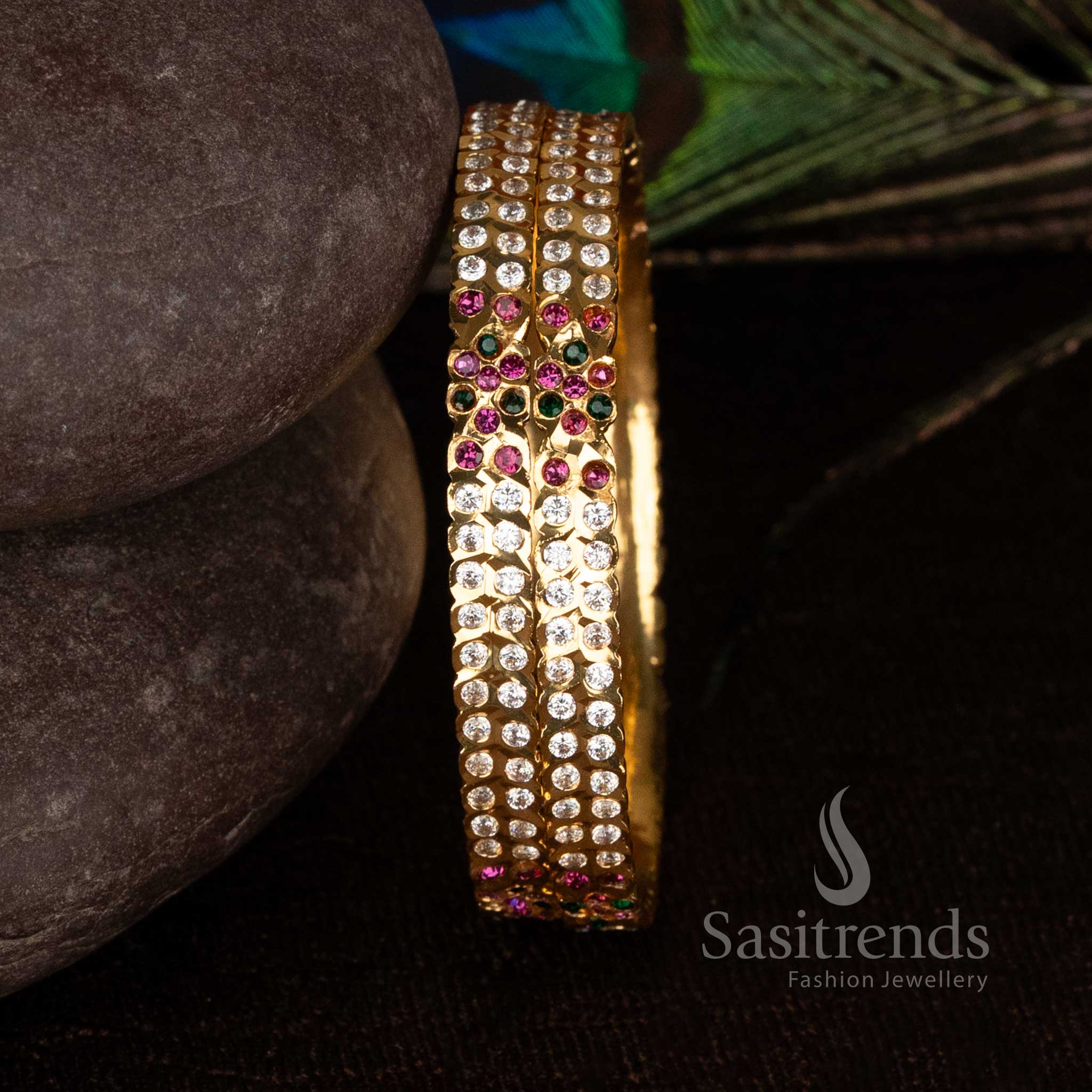 Guaranteed Impon Micro Gold Plated Imperial Bloom AD Stone Bangles for Traditional Wear - Sasitrends