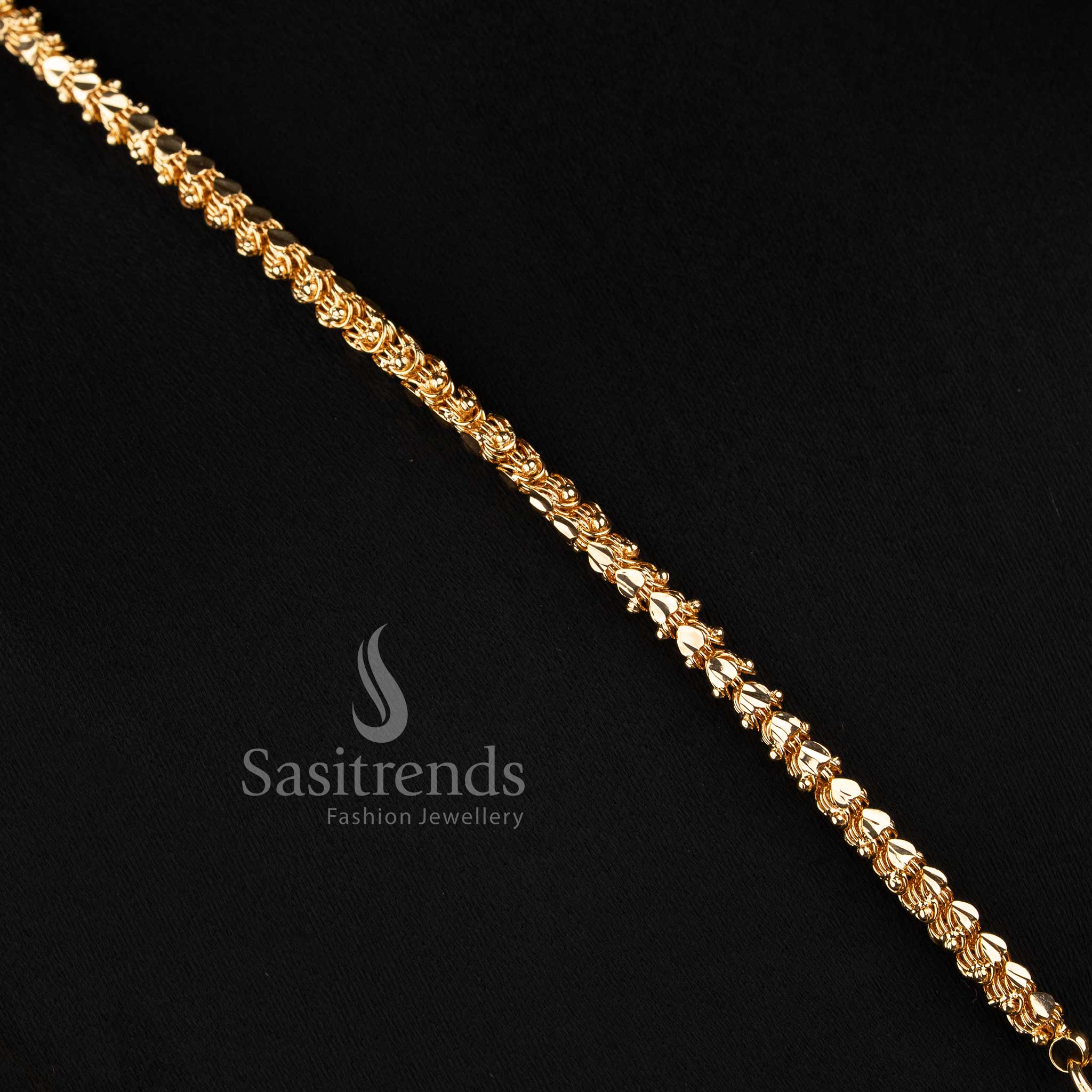 Premium Impon Micro Gold Plated Lotus Bud Interlocking Chain Long Necklace with Twin Peacock Semicircular AD Motif Pendant- Sasitrends - Image 3