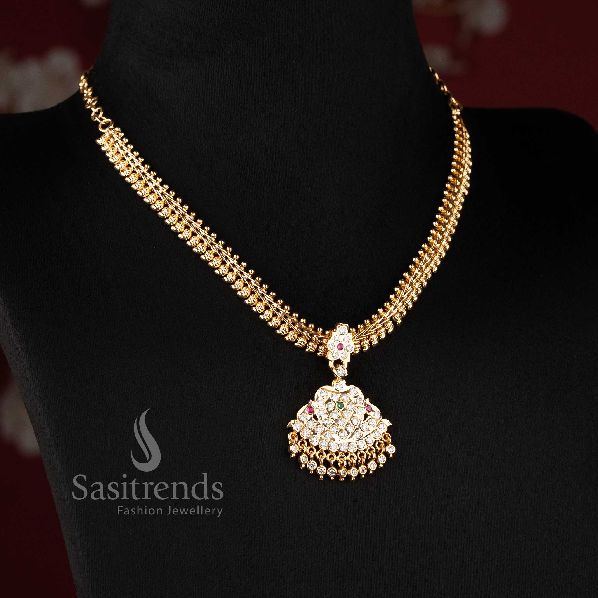 Traditional Impon Micro Gold Plated Mango Pattern Addigai Necklace with Flared Leaf AD Pendant - Sasitrends - Image 6
