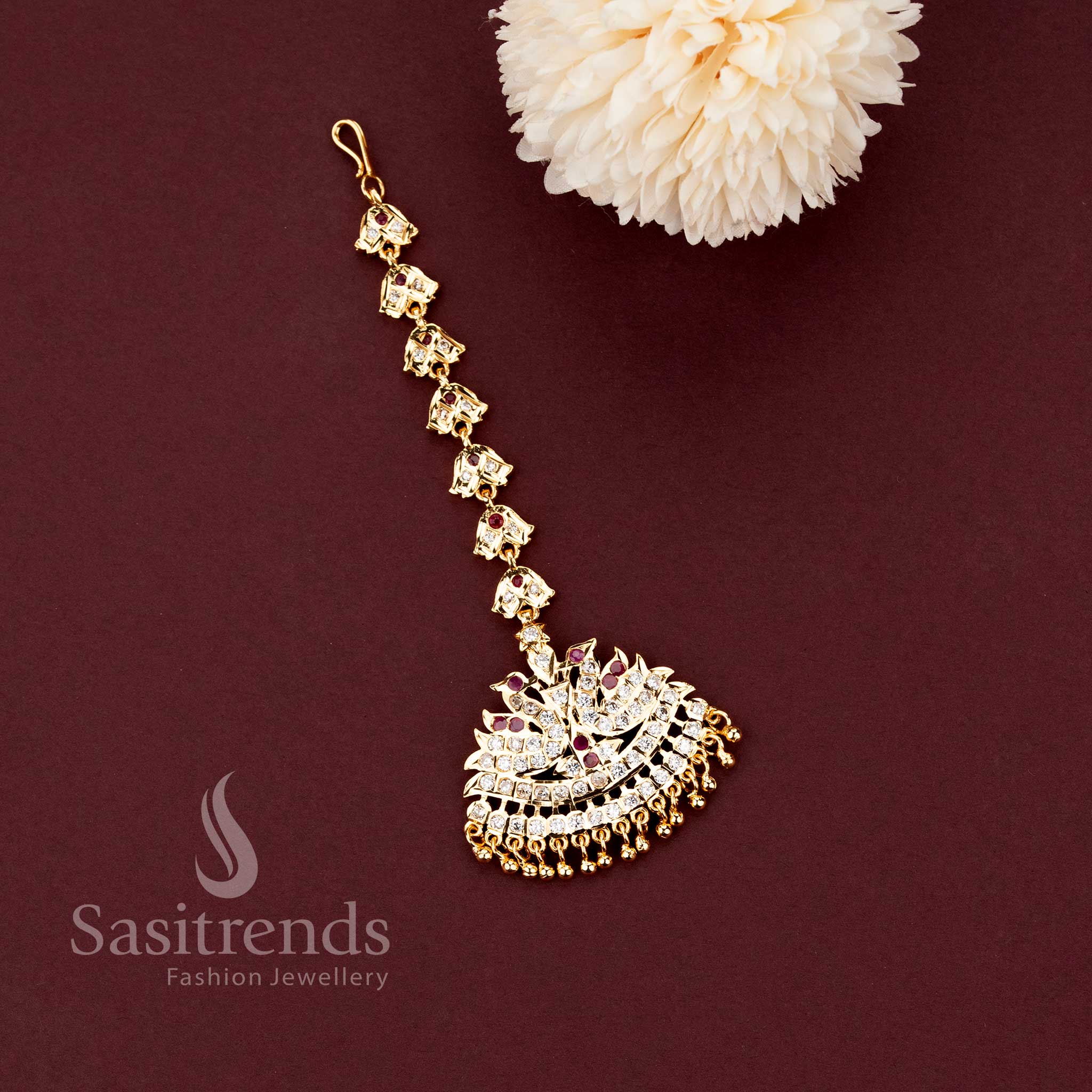 Impon Micro Gold Plated Stone Studded Bell Chain Maang Tikka with Semicircular Twin Peacock AD Pendant - Sasitrends - Image 3