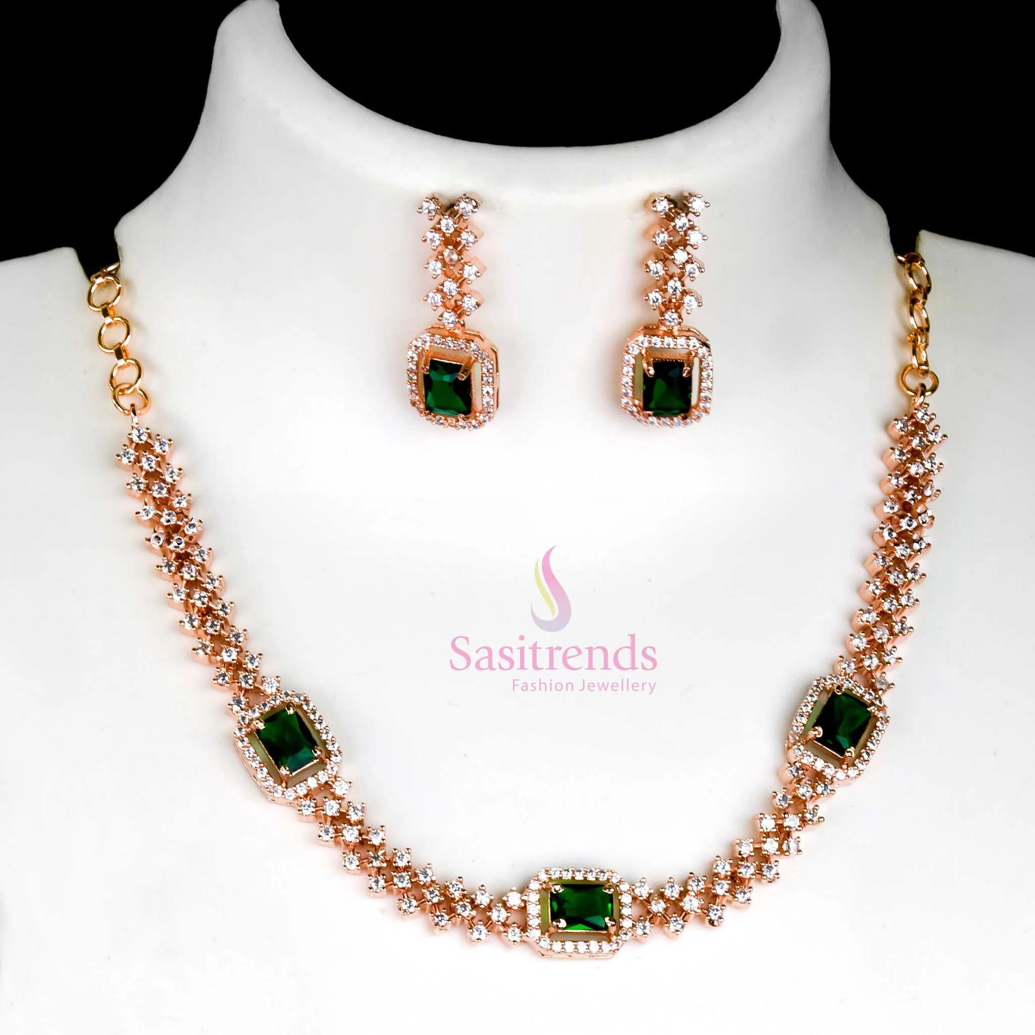 Trendy Party Wear: Rhodium Silver & Rose Gold Plated Necklace Jewellery Set - American Diamond Stones for Women - Image 12