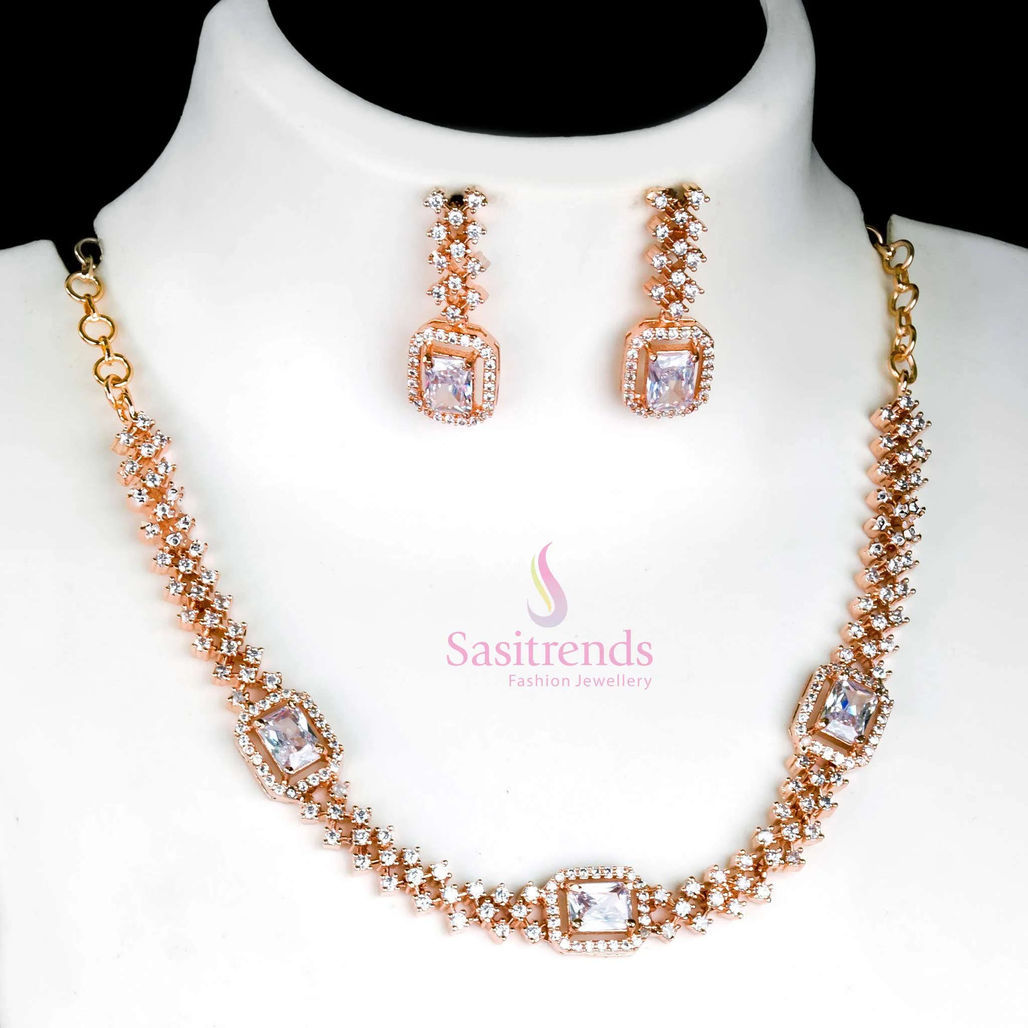 Trendy Party Wear: Rhodium Silver & Rose Gold Plated Necklace Jewellery Set - American Diamond Stones for Women - Image 2