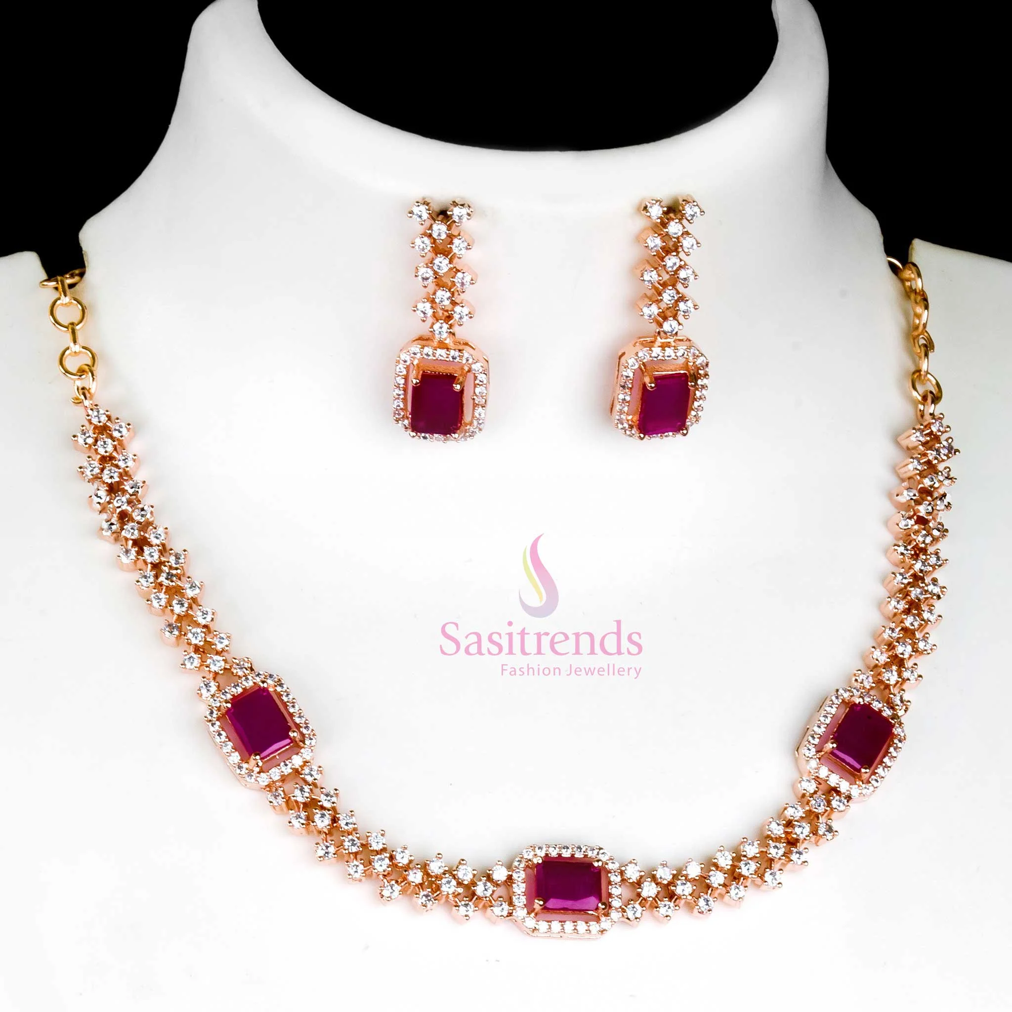 Trendy Party Wear: Rhodium Silver & Rose Gold Plated Necklace Jewellery Set - American Diamond Stones for Women - Image 6