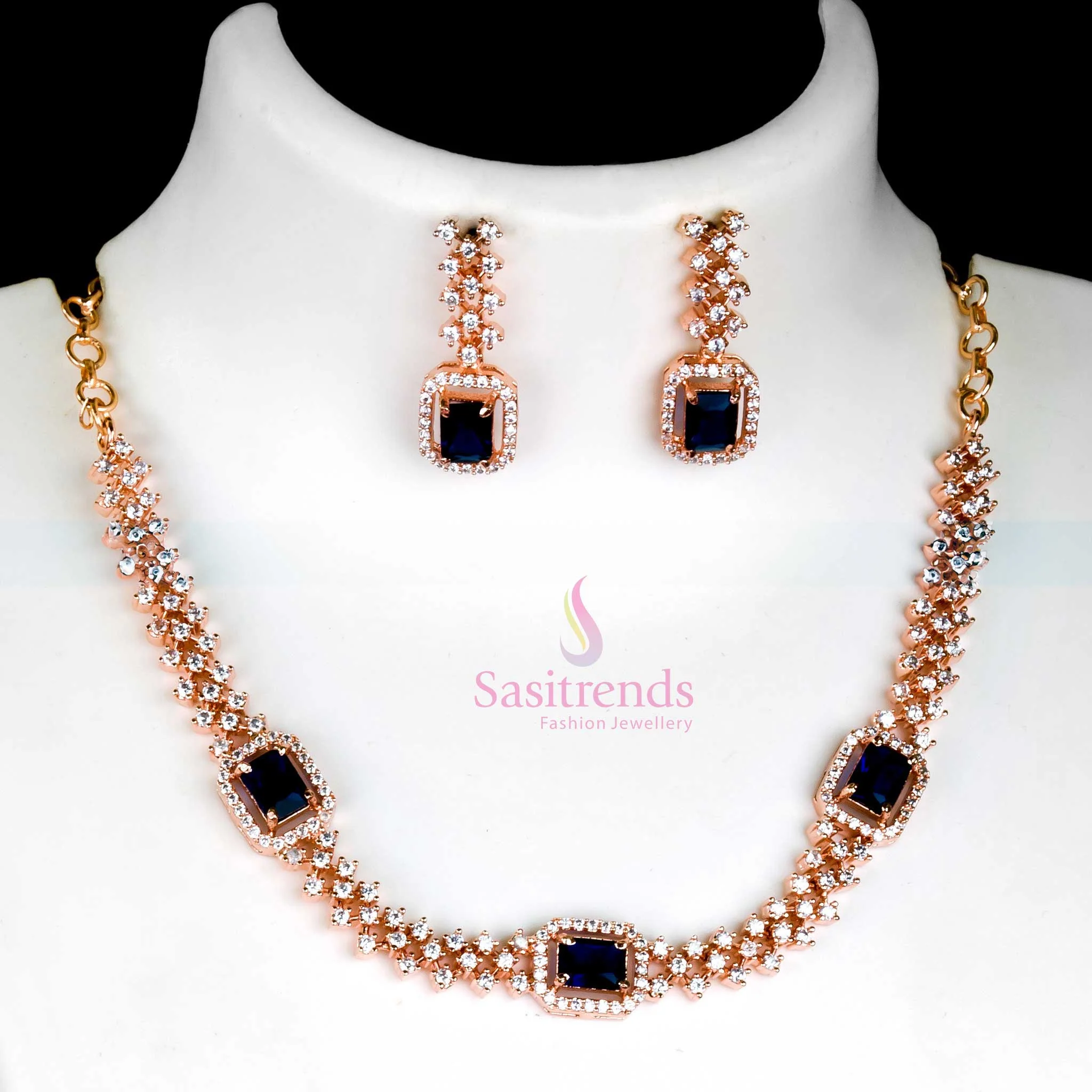 Trendy Party Wear: Rhodium Silver & Rose Gold Plated Necklace Jewellery Set - American Diamond Stones for Women - Image 8