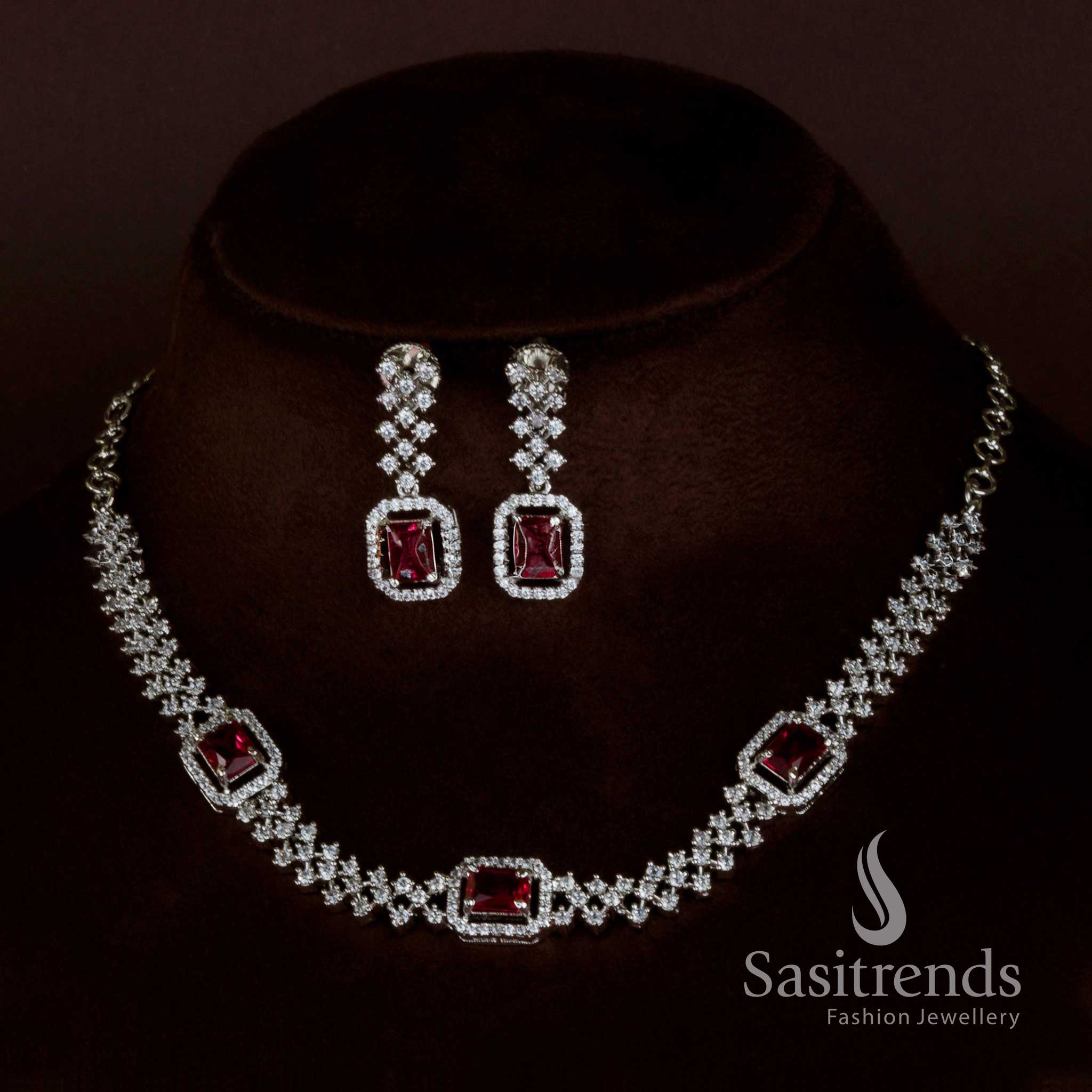 Trendy Party Wear: Rhodium Silver & Rose Gold Plated Necklace Jewellery Set - American Diamond Stones for Women - Image 9