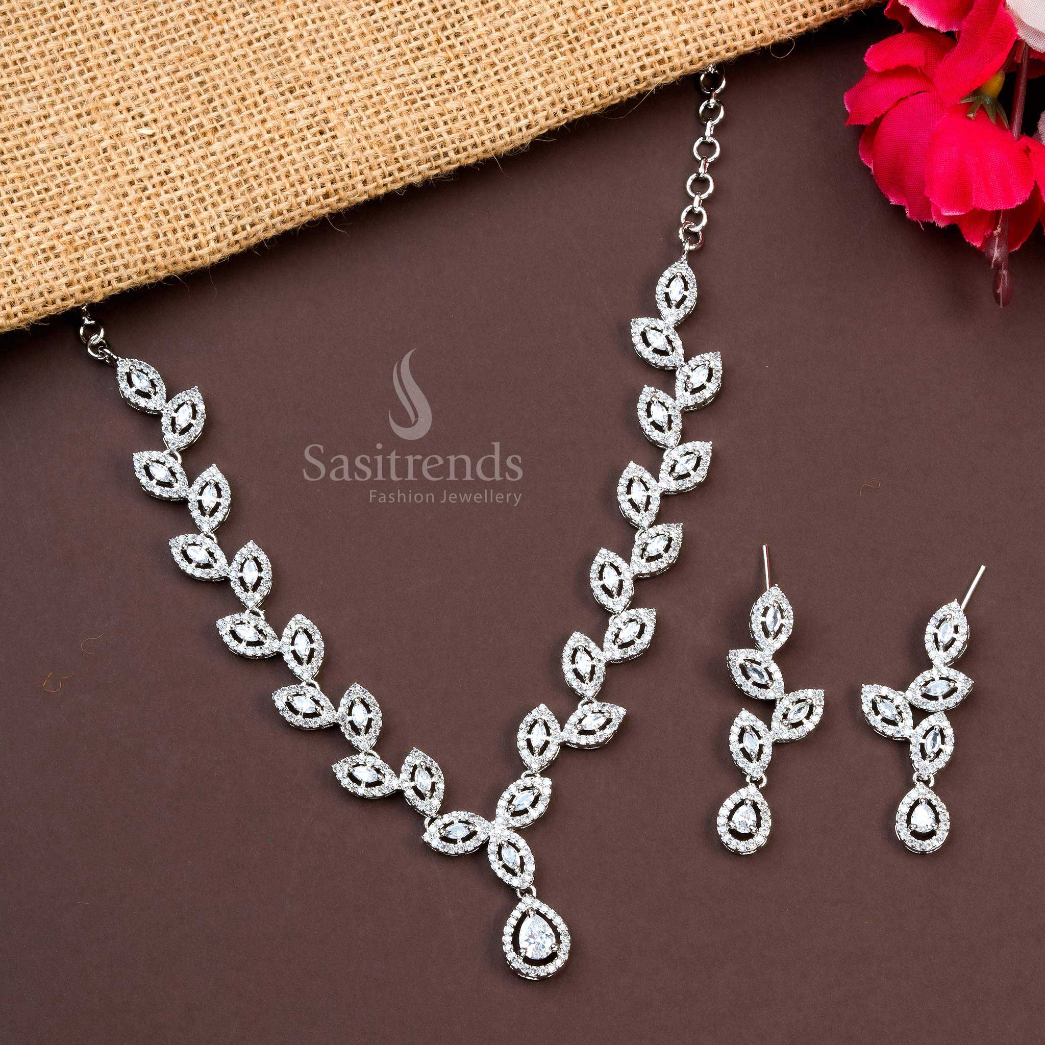 Leaf Design AD Necklace Set in Rhodium Silver – Elegant Reception & Lehenga Wear | Sasitrends - Image 3