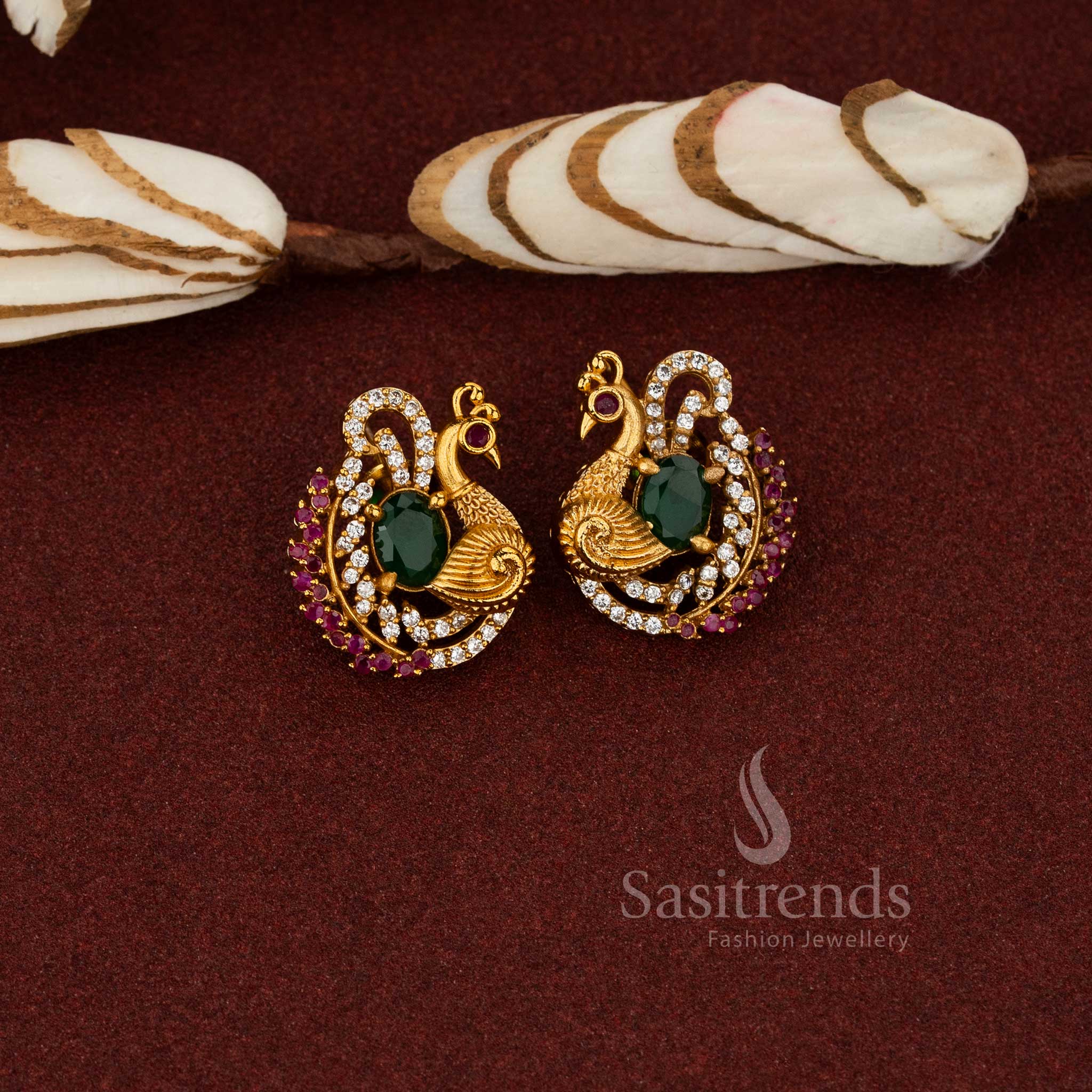 Gorgeous Temple Matte Gold Plated AD Peacock Stud Earrings for Festive Ethnic Wear - Image 3