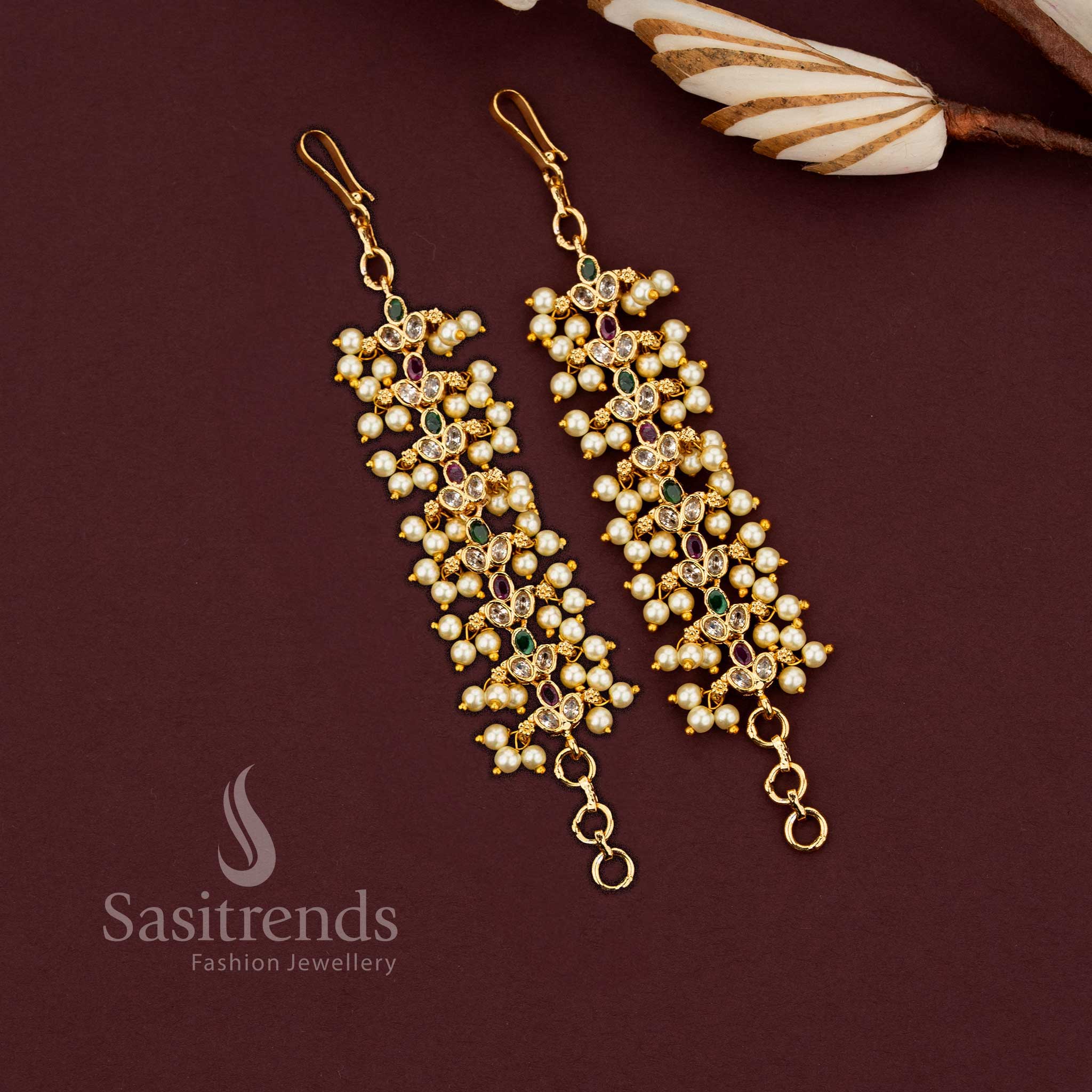 Elegant Multi Stone Micro Gold Plated American Diamond Pearl Matils Ear Chain Bridal Design  - Sasitrends