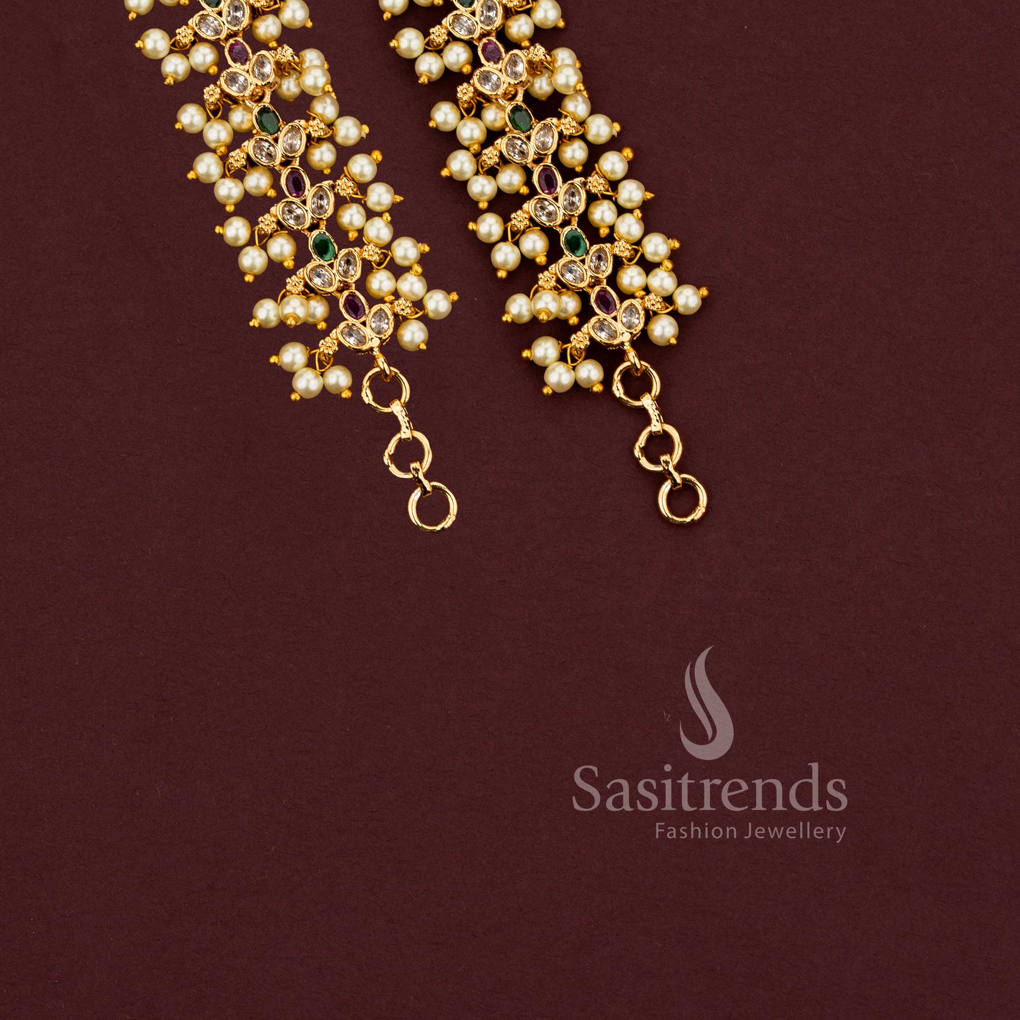Elegant Multi Stone Micro Gold Plated American Diamond Pearl Matils Ear Chain Bridal Design  - Sasitrends - Image 2