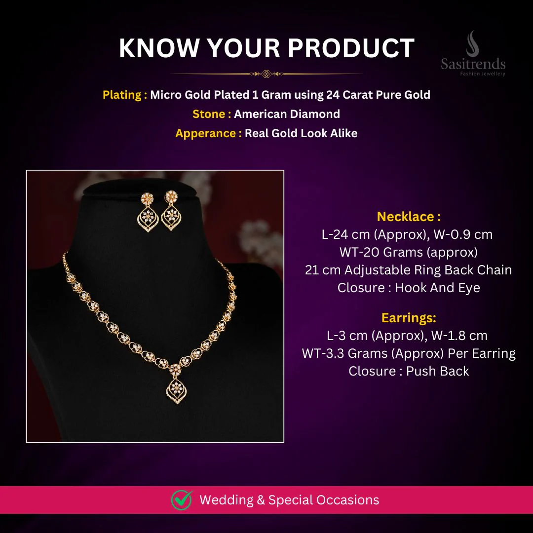 Charming Micro Gold Plated American Diamond Floral Link Necklace Jewellery Set with Geometric Drop Design | Perfect for Evening Events & Receptions - Image 3