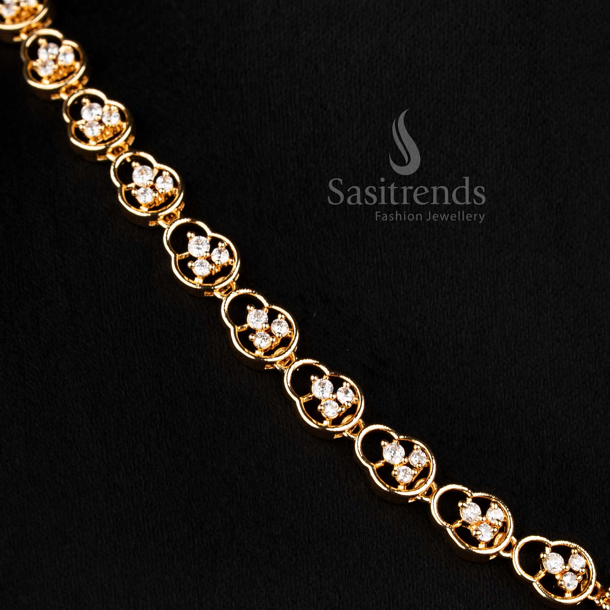 Charming Micro Gold Plated American Diamond Floral Link Necklace Jewellery Set with Geometric Drop Design | Perfect for Evening Events & Receptions - Image 4
