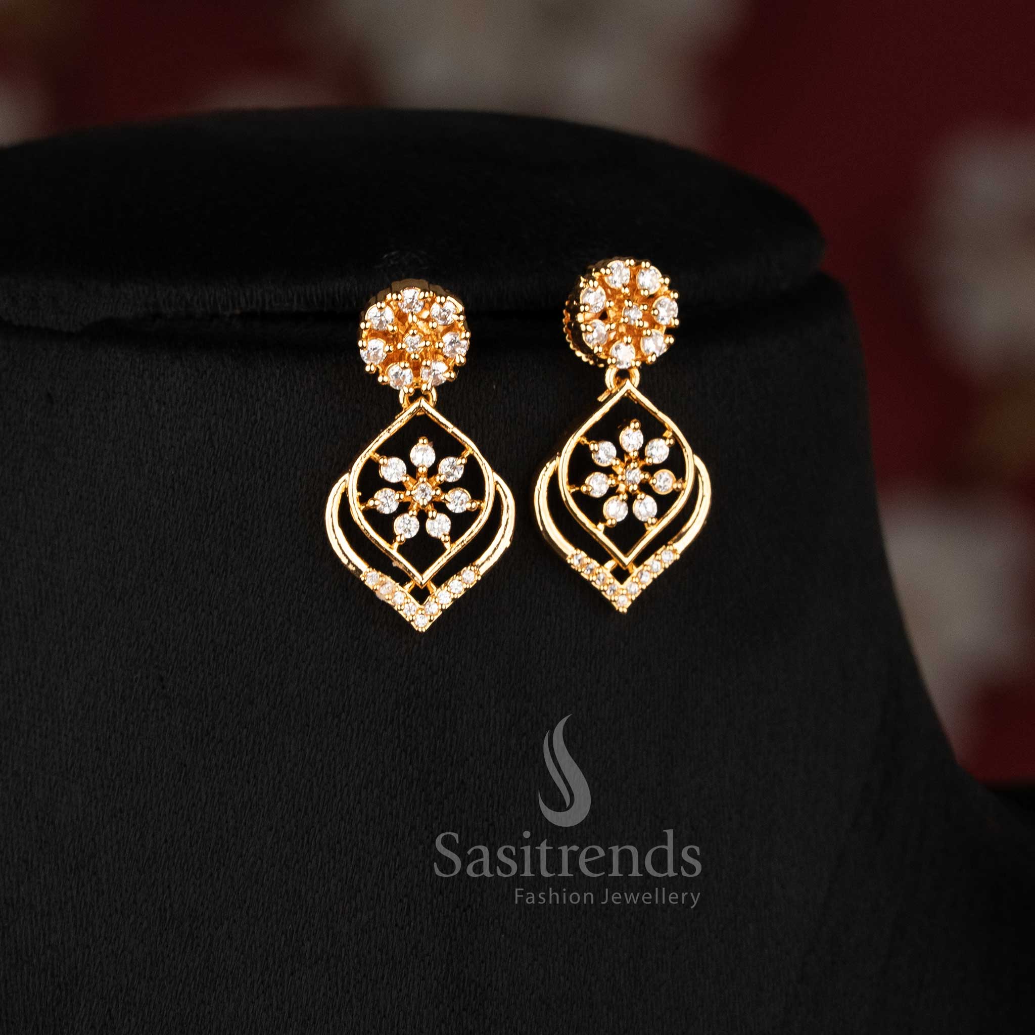 Charming Micro Gold Plated American Diamond Floral Link Necklace Jewellery Set with Geometric Drop Design | Perfect for Evening Events & Receptions - Image 5