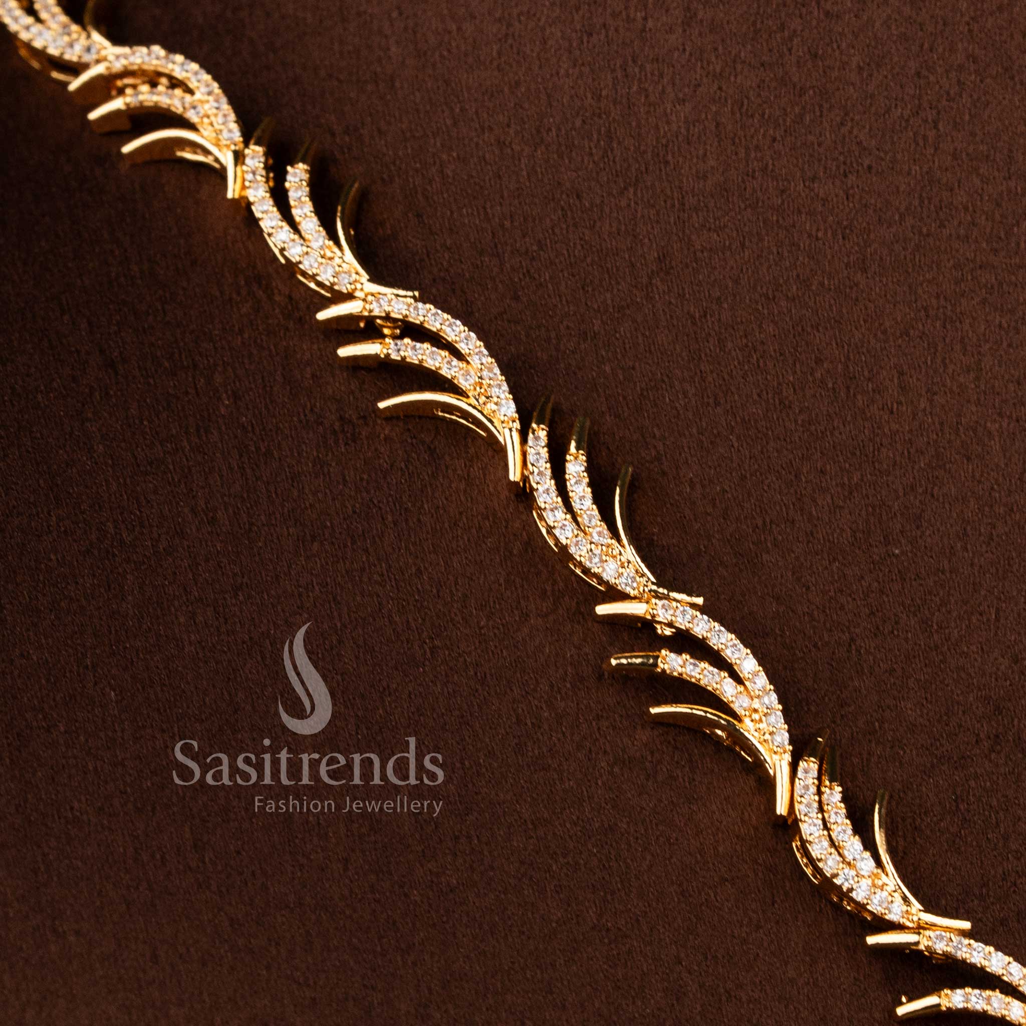 Sophisticated Micro Gold Plated American Diamond Curved Leaf Peacock-Inspired Necklace Guaranteed Jewellery Sets  - Sasitrends - Image 3