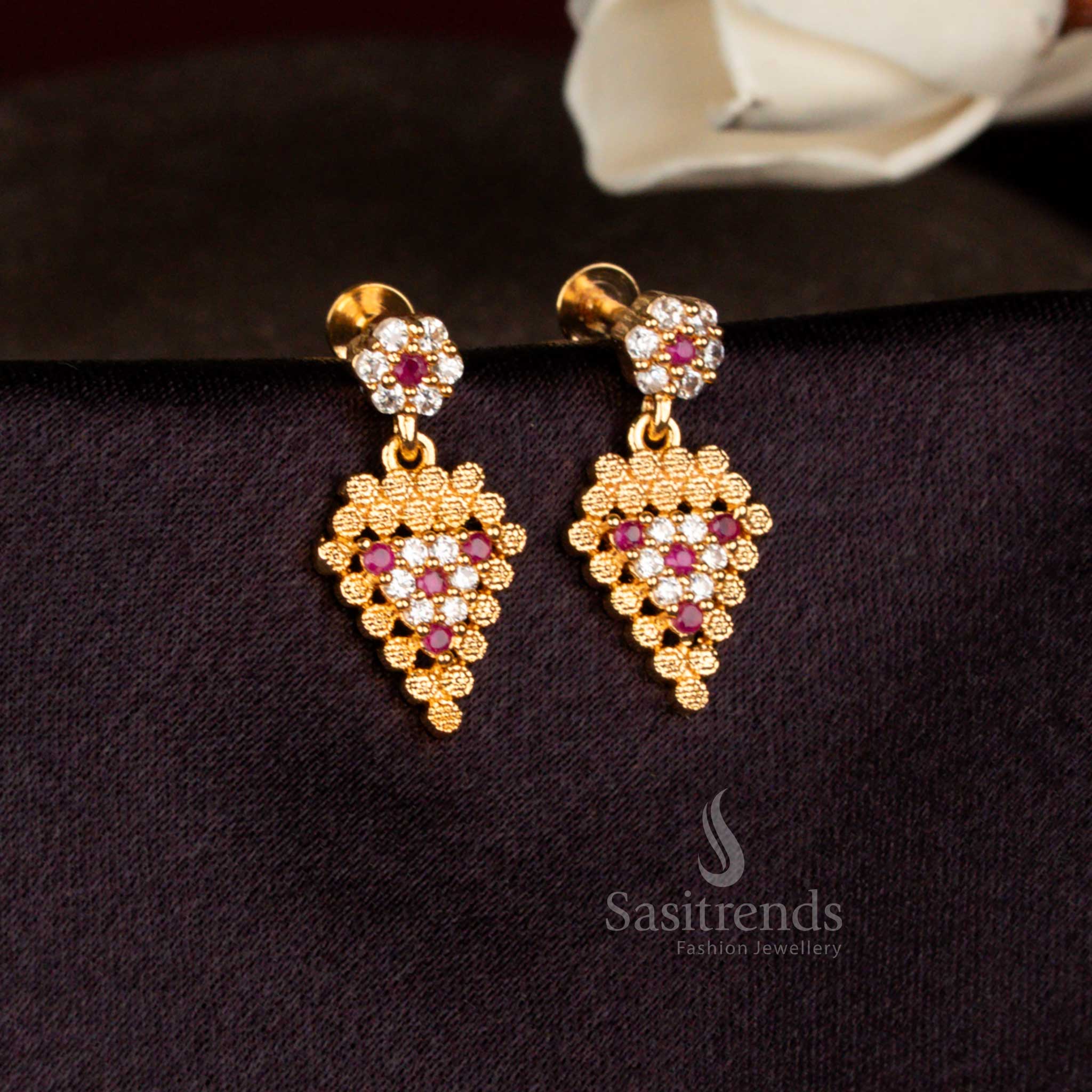 Guaranteed One Gram Micro Gold Plated American Diamond Floral Drop Earrings with Textured Cluster Leaf Design - Image 3