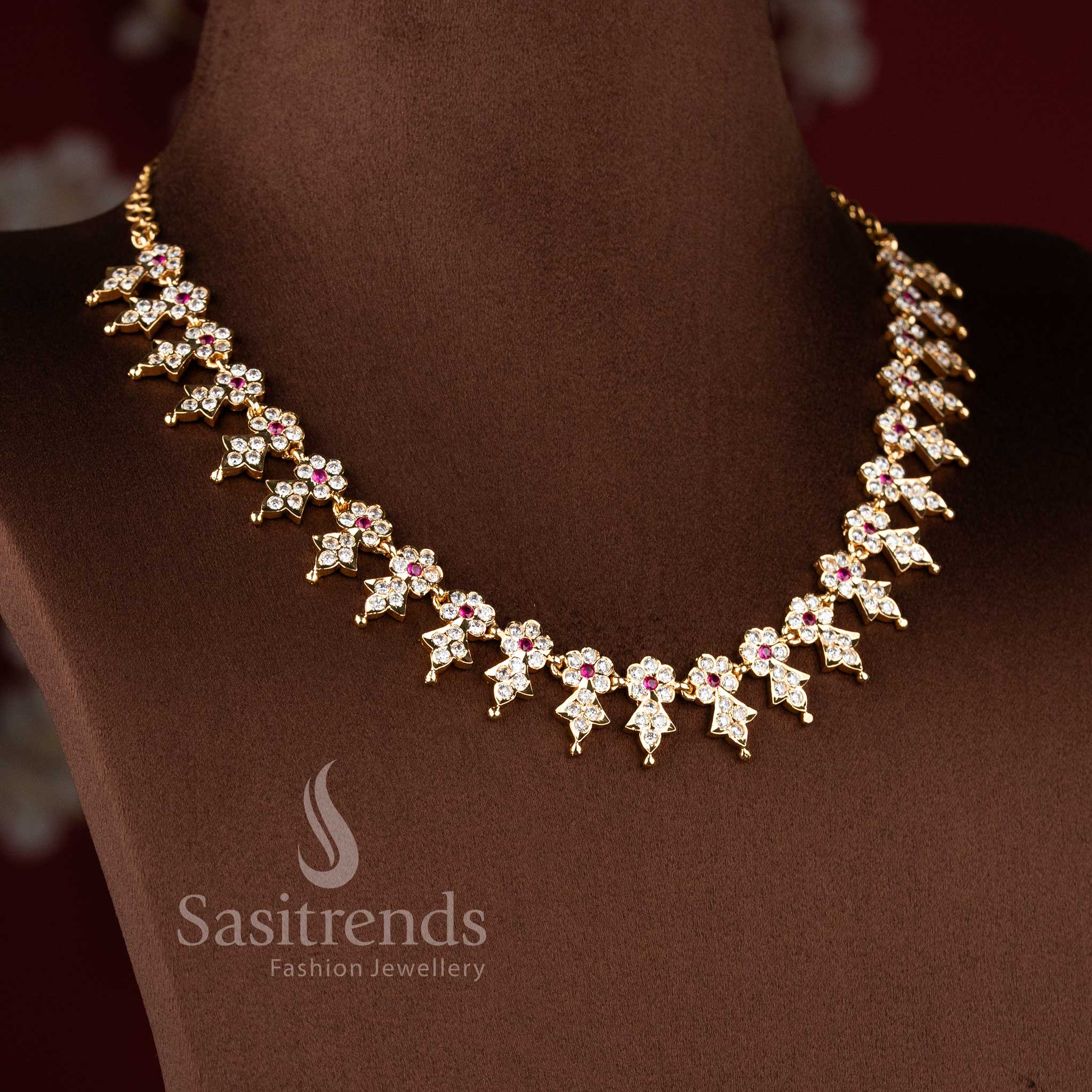 One Gram Micro Gold Plated Impon Floral Gati Design Short Necklace with AD stones - Sasitrends - Image 4