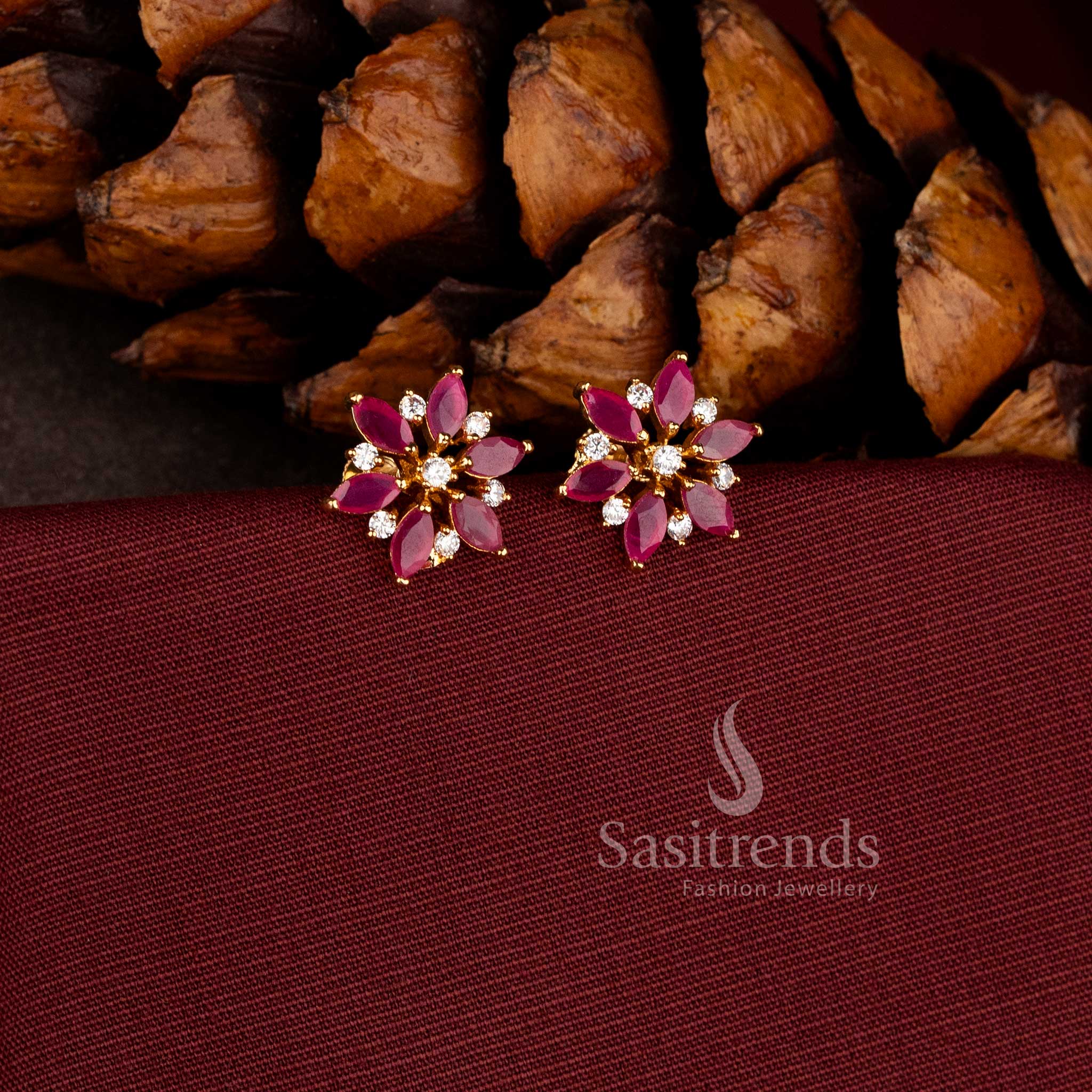 Sparkling Micro Gold Plated American Diamond Marquise Floral Stud Earrings for Women - Sasitrends