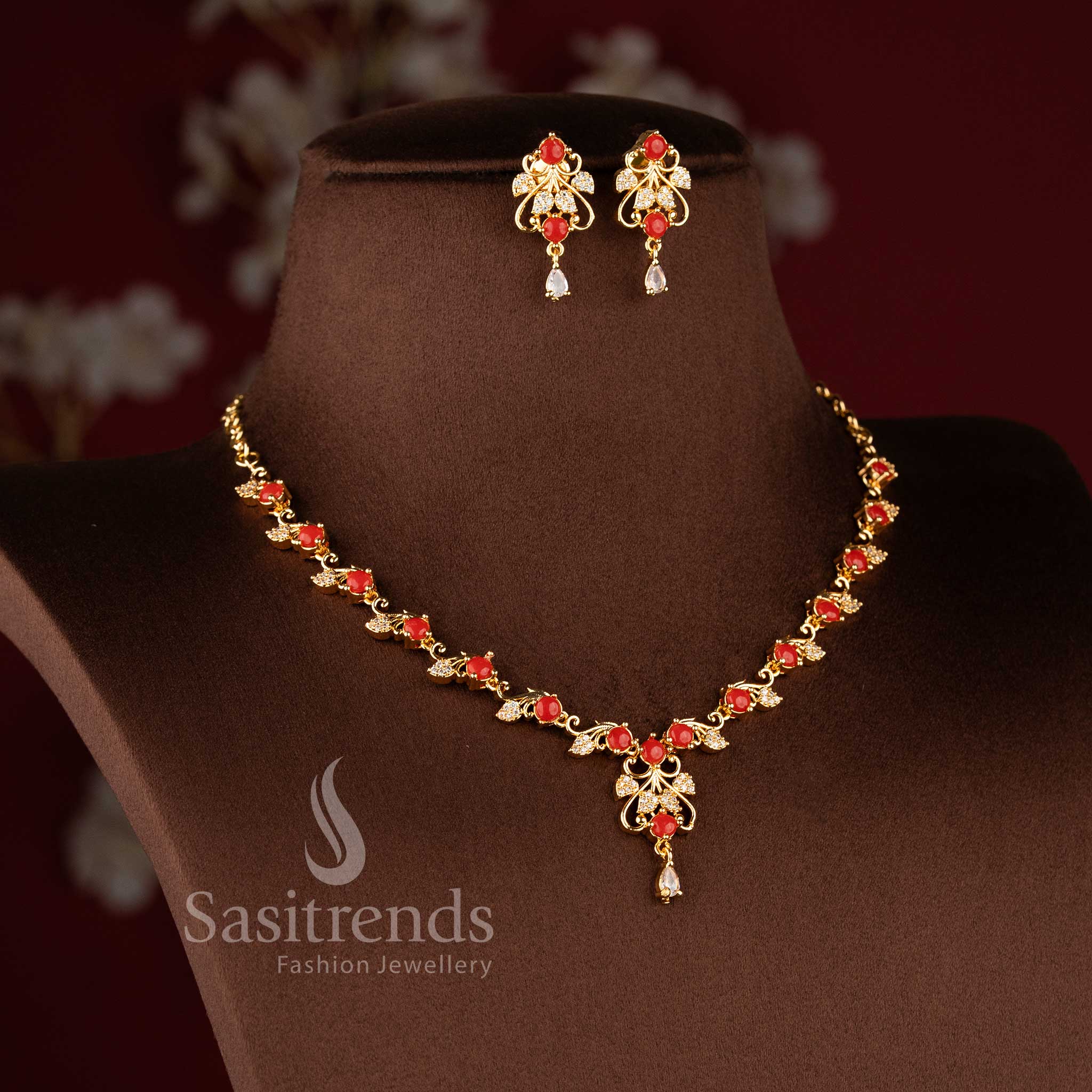 Royal Vine Floral Micro Gold Plated American Diamond Necklace Jewellery Sets for Women - Sasitrends