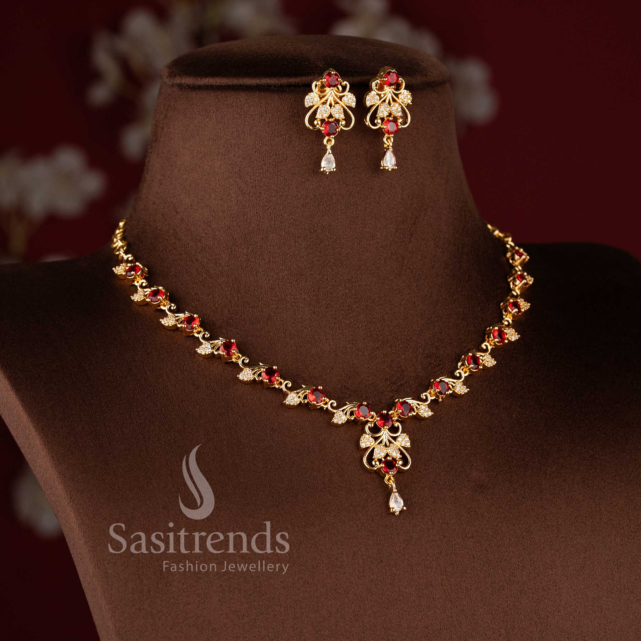 Royal Vine Floral Micro Gold Plated American Diamond Necklace Jewellery Sets for Women - Sasitrends - Image 12