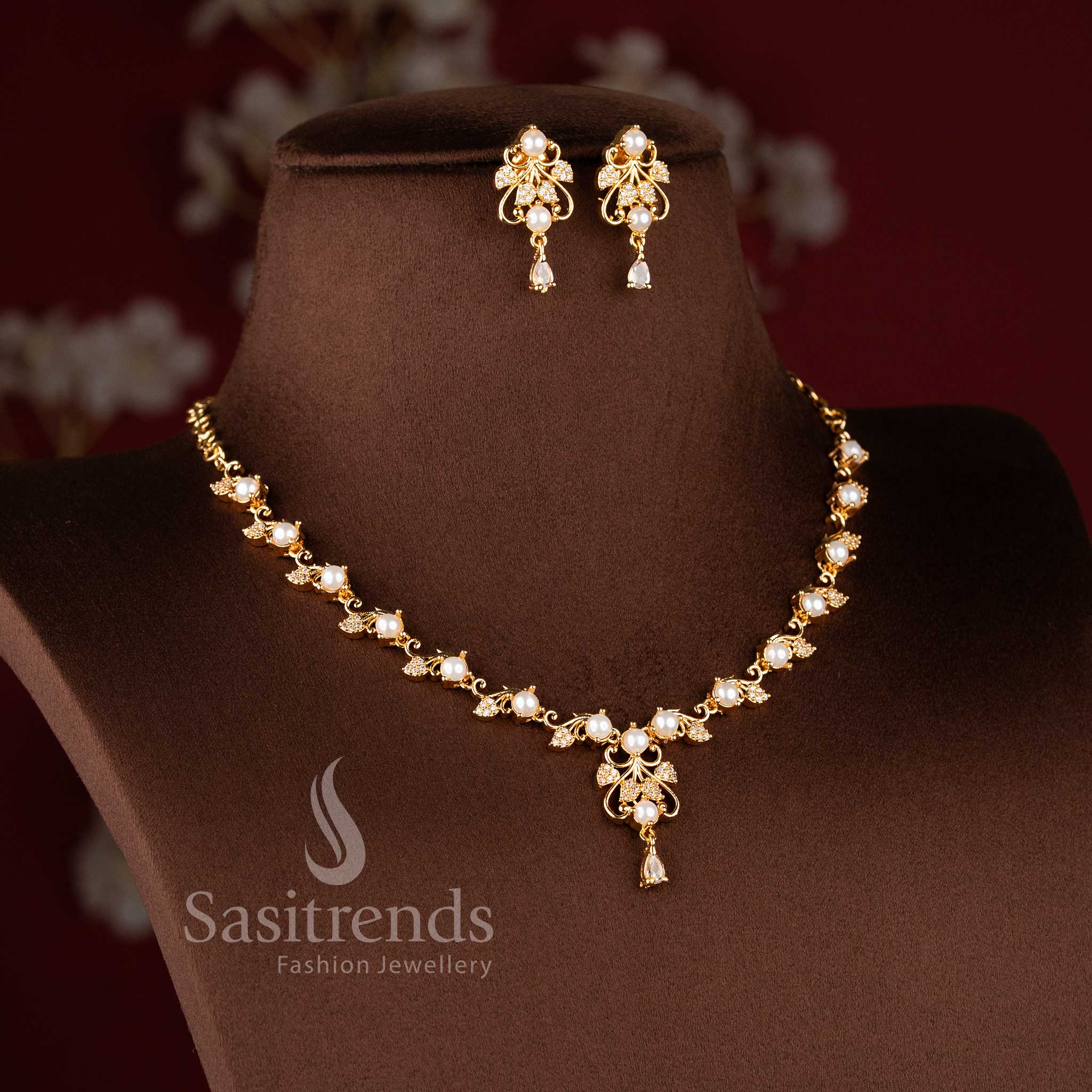 Royal Vine Floral Micro Gold Plated American Diamond Necklace Jewellery Sets for Women - Sasitrends - Image 6